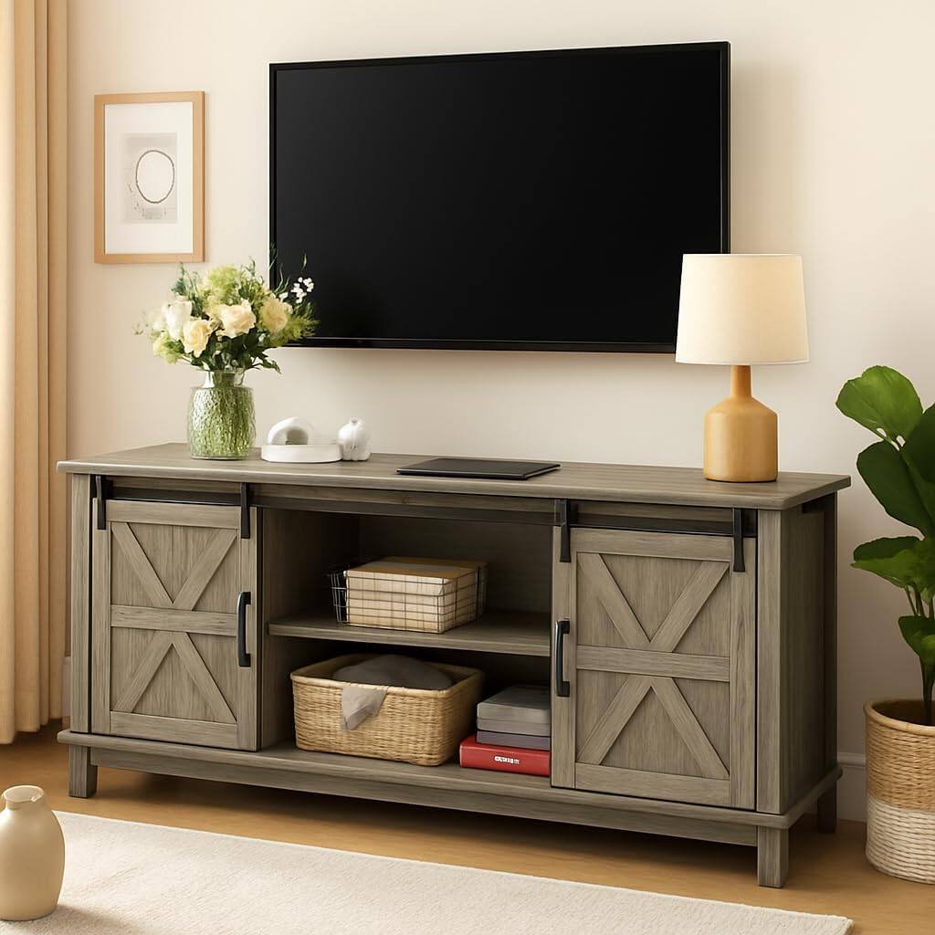 Front. Acekool - Modern Farmhouse TV Stand 66", Sliding Barn Doors, Storage Cabinets, Power & USB, Light Grey - Gray.