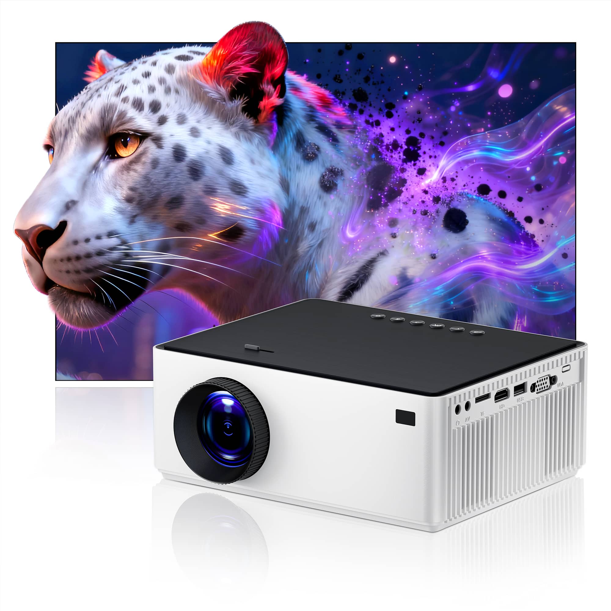 VEAT00L - Dual-Band 5G/2.4G WiFi Bluetooth Projector, 16000 Lux 4K Support, Portable for Home & Outdoor, 300" Display, 4P Keystone - White