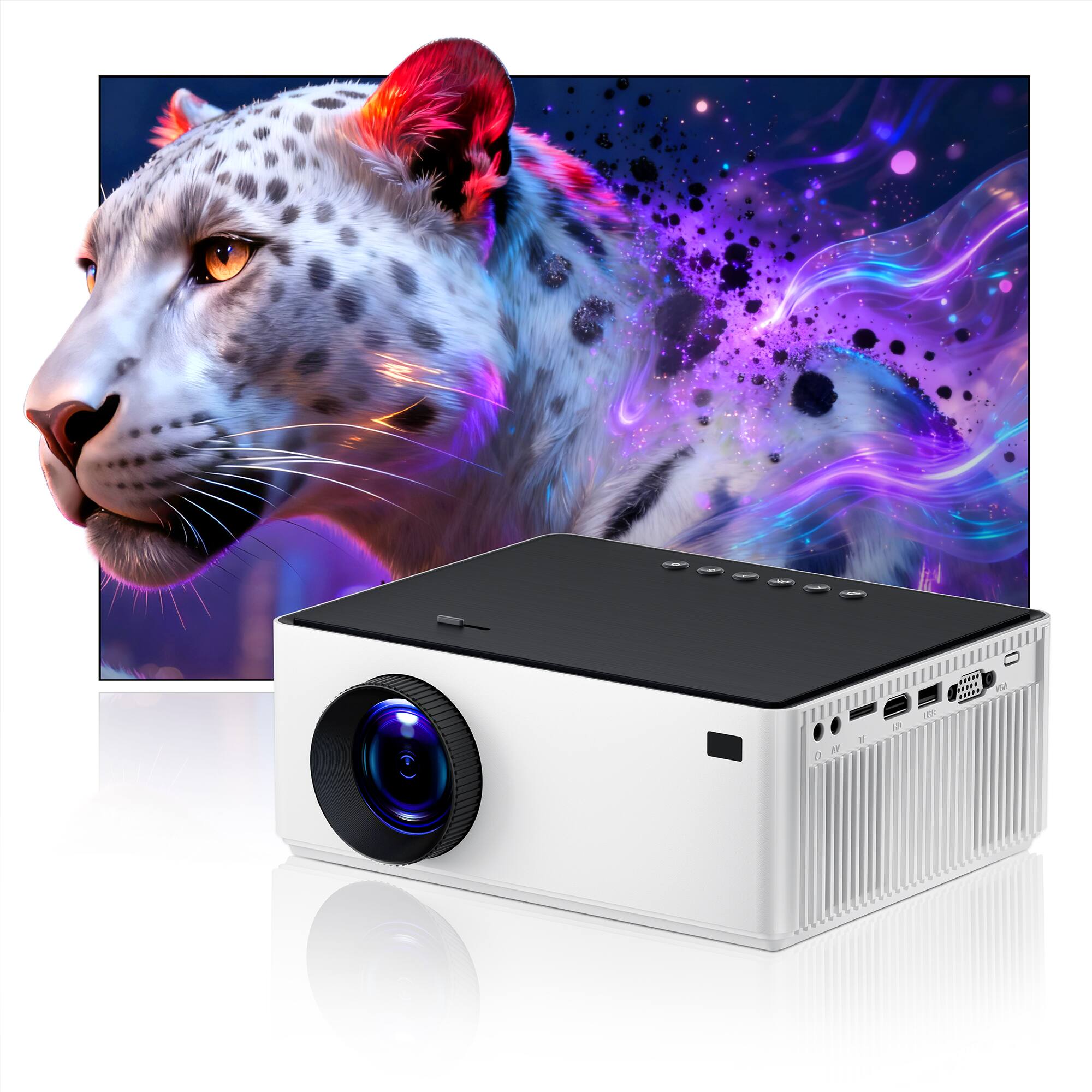VEAT00L - Dual-Band 5G/2.4G WiFi Bluetooth Projector, 16000 Lux 4K Support, Portable for Home & Outdoor, 300" Display, 4P Keystone - White
