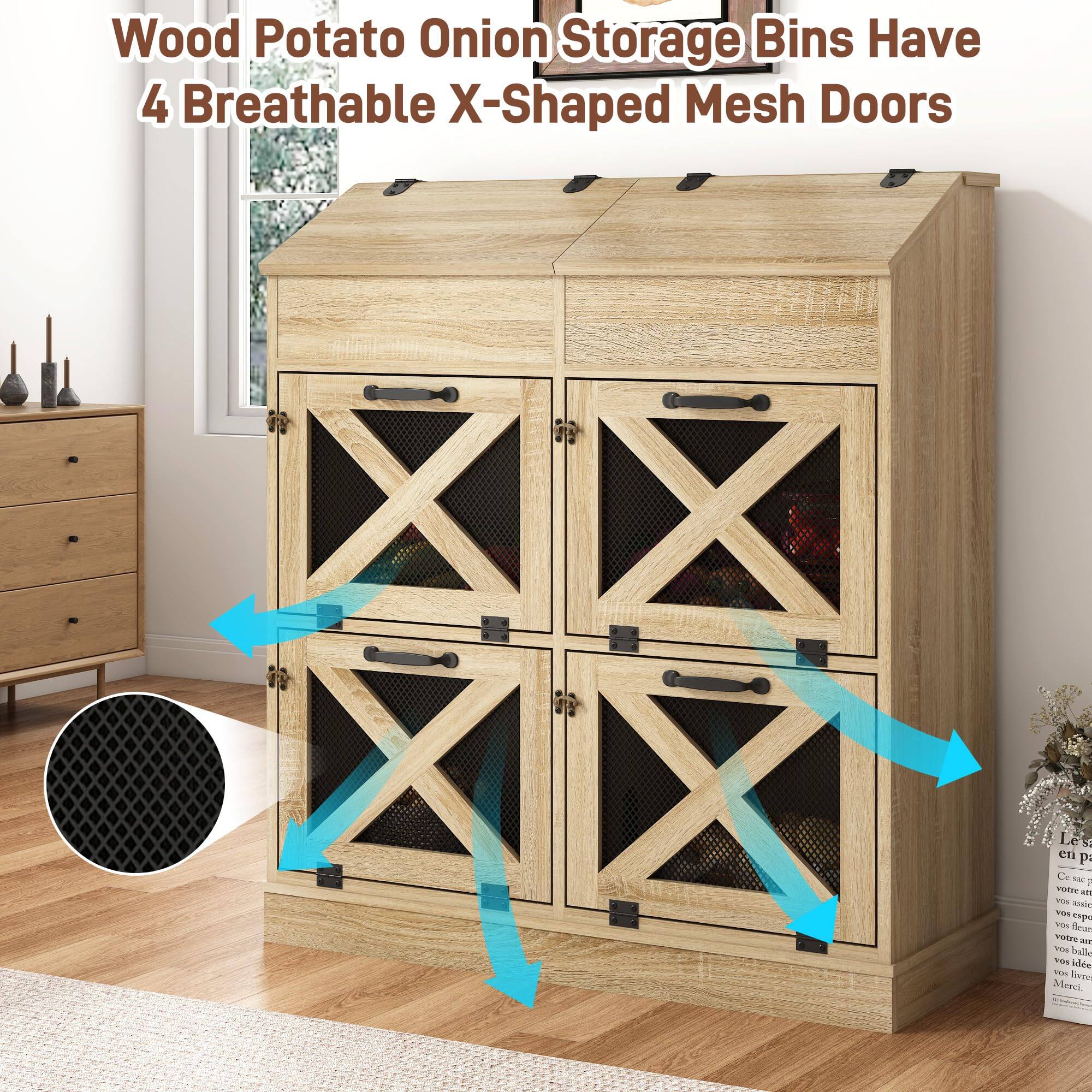 Wood Potato Onion Storage Bins Have 4 Breathable X-Shaped Mesh Doors