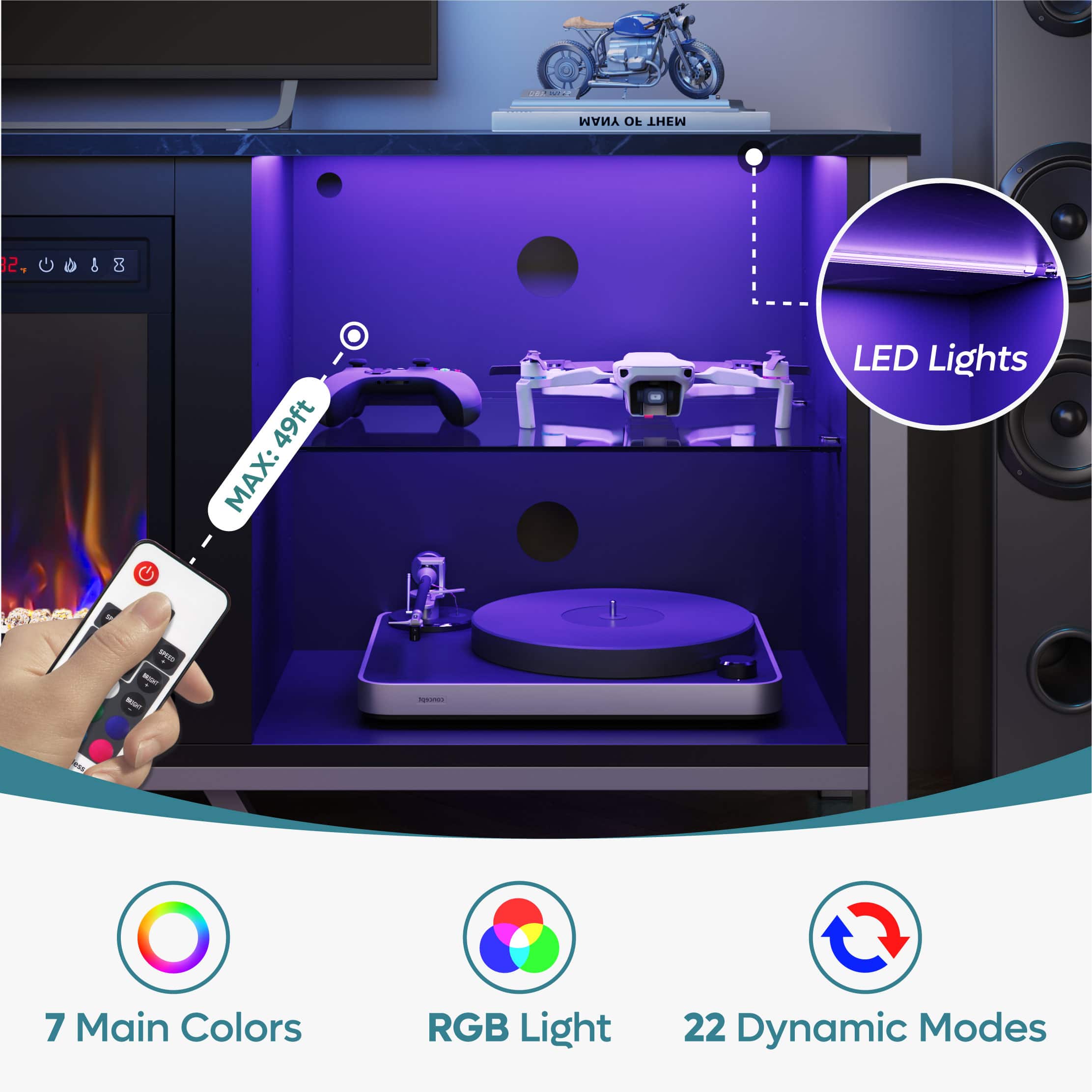 The text on the image is grouped and corrected as follows:
1. 8 B 49ft MAX: LED Lights - - - - 7 Main Colors RGB Light 22 Dynamic Modes