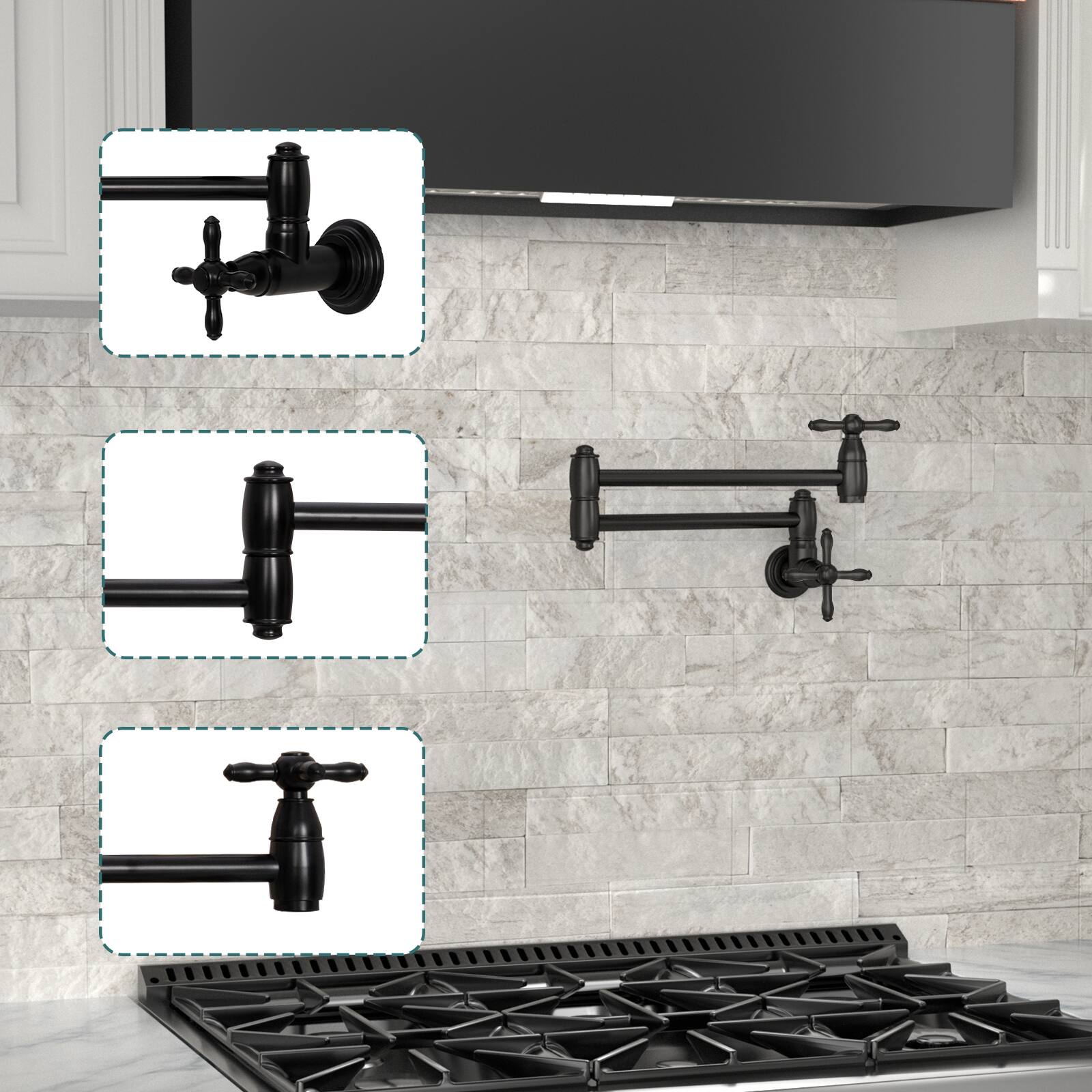Alt View 3. Akicon - Akicon Solid Brass Wall Mount Pot Filler Kitchen Faucet with Double Joint Swing Arms for Stovetop in Matte Black - Matte Black.