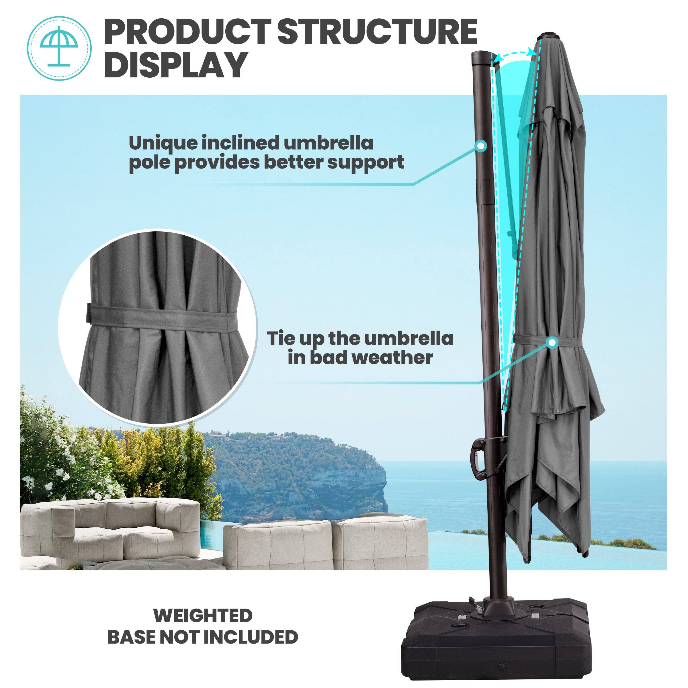 PRODUCT STRUCTURE DISPLAY

Unique inclined umbrella pole provides better support

Tie up the umbrella in bad weather

WEIGHTED BASE NOT INCLUDED
