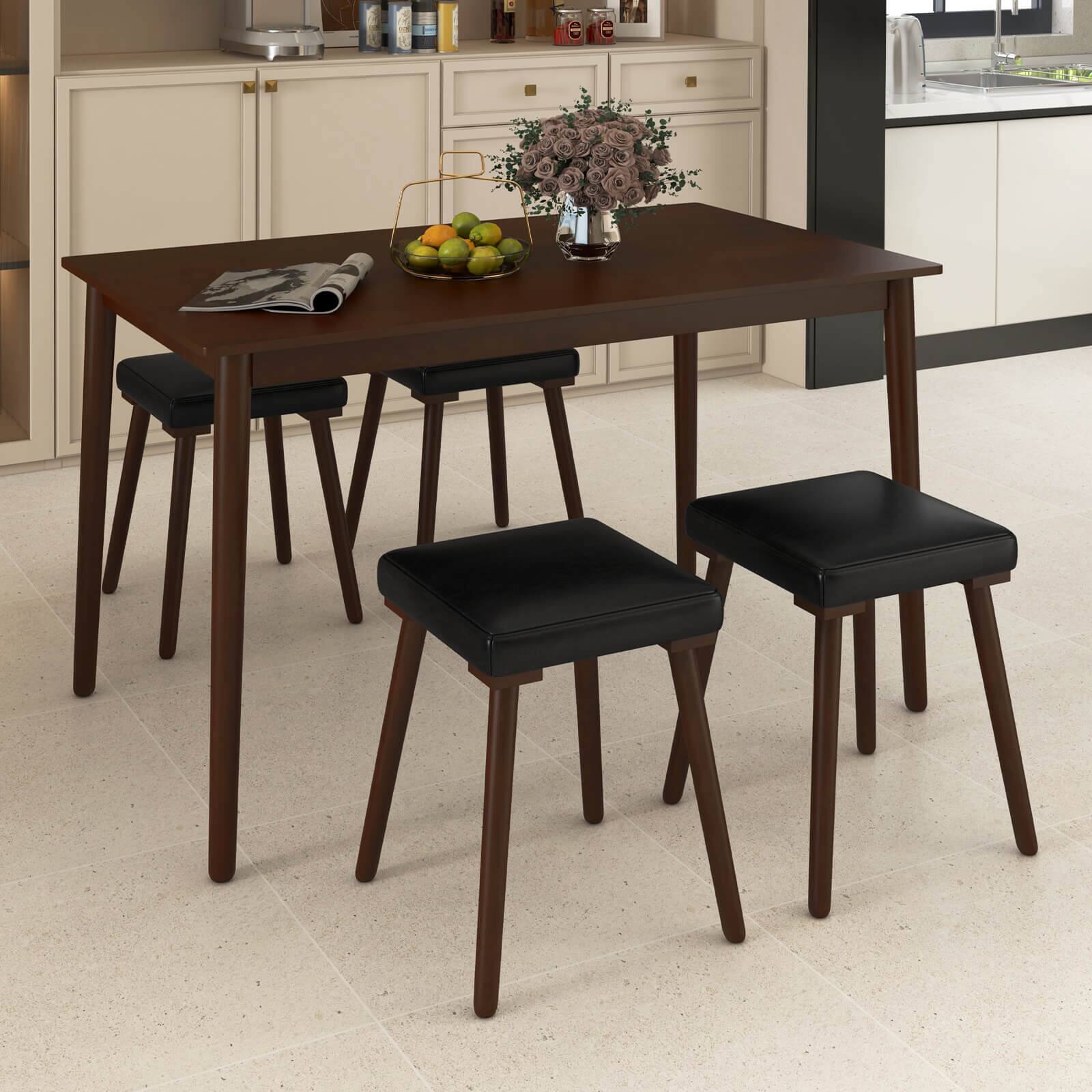 Left. Costway - 5 PCS Dining Table Set for 4 w/4 Upholstered Stools Rubber Wood Legs for Kitchen - Brown.