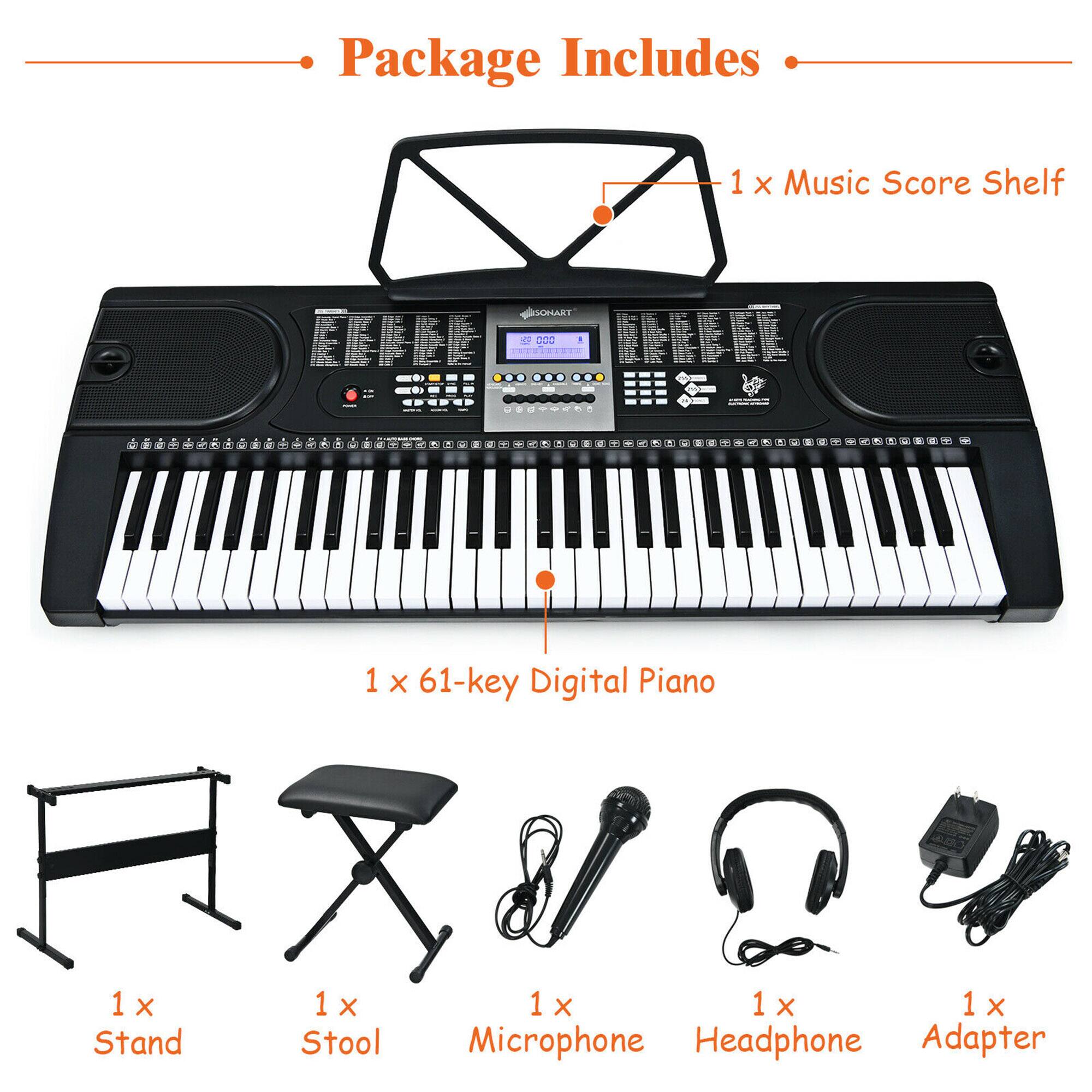 Package Includes

- 1 x Music Score Shelf
- 1 x 61-key Digital Piano
- 1 x Stand
- 1 x Stool
- 1 x Microphone
- 1 x Headphone
- 1 x Adapter