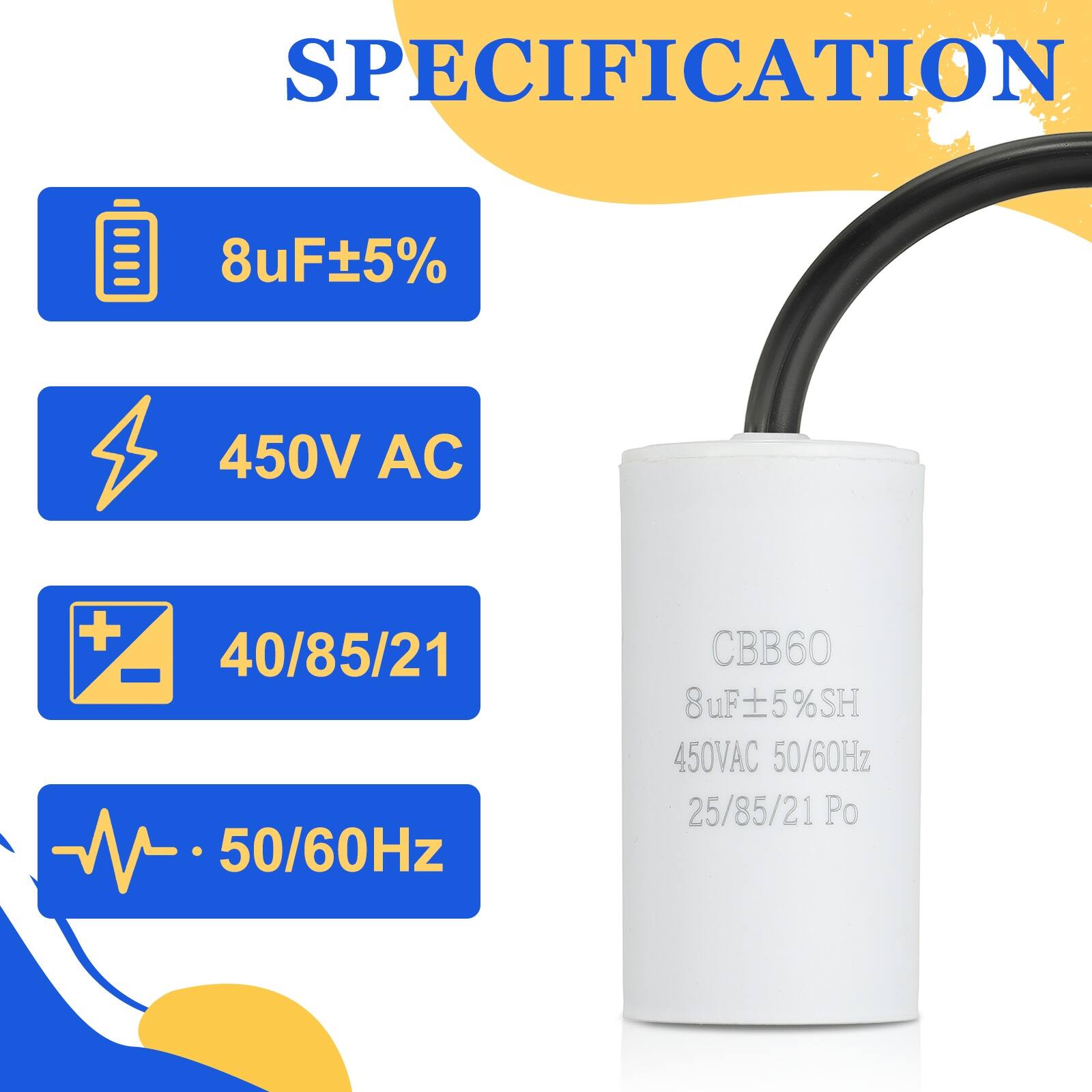 SPECIFICATION  
8uF±5%  
450V AC  
40/85/21  
50/60Hz  
CBB60  
8uF±5%SH  
450VAC  
50/60Hz  
25/85/21 Po