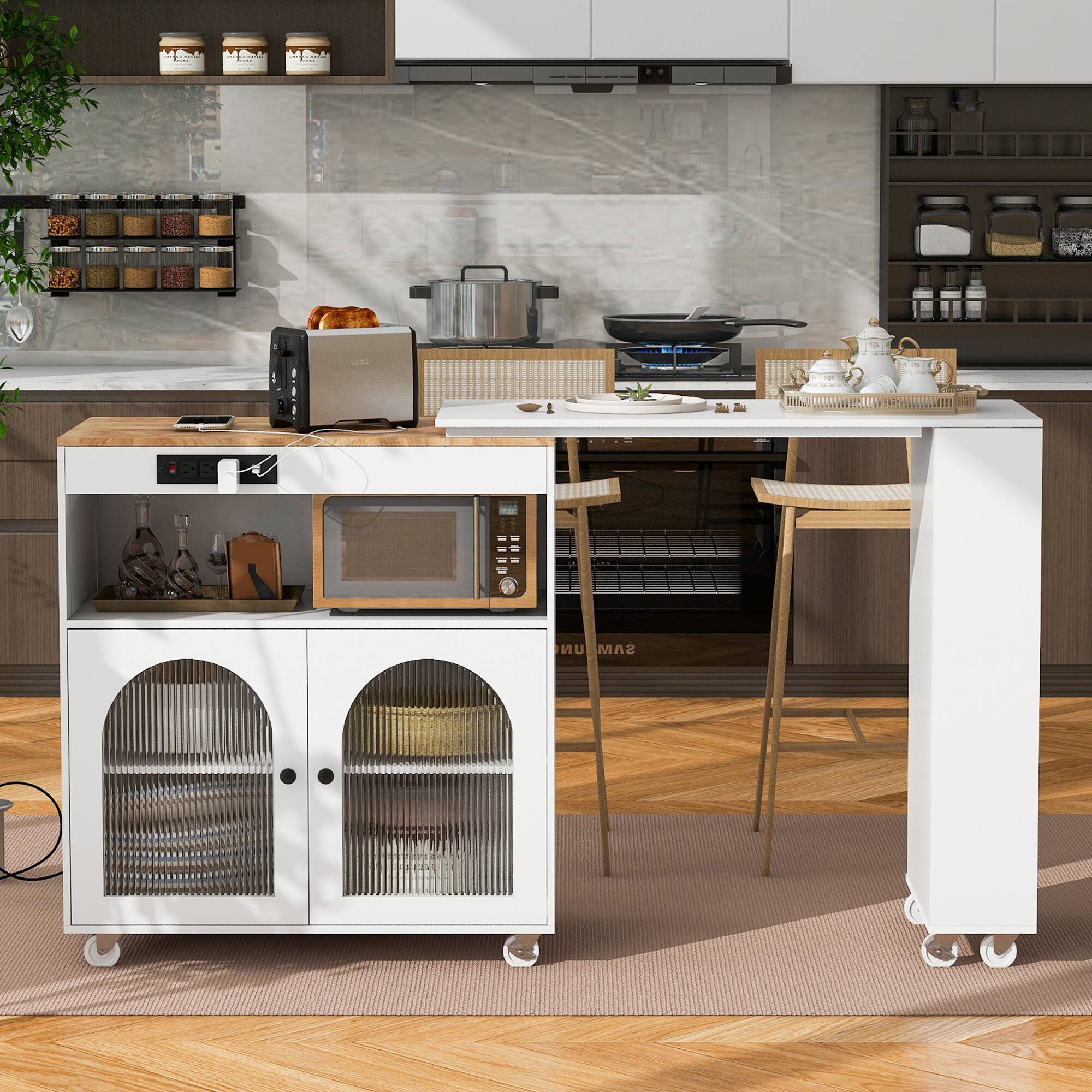 Back. Spaco - Spaco Rolling Kitchen Island Cart with LED, Power Outlets, Extendable Table, 2 Glass Door, 3 Shelf Storage - White.