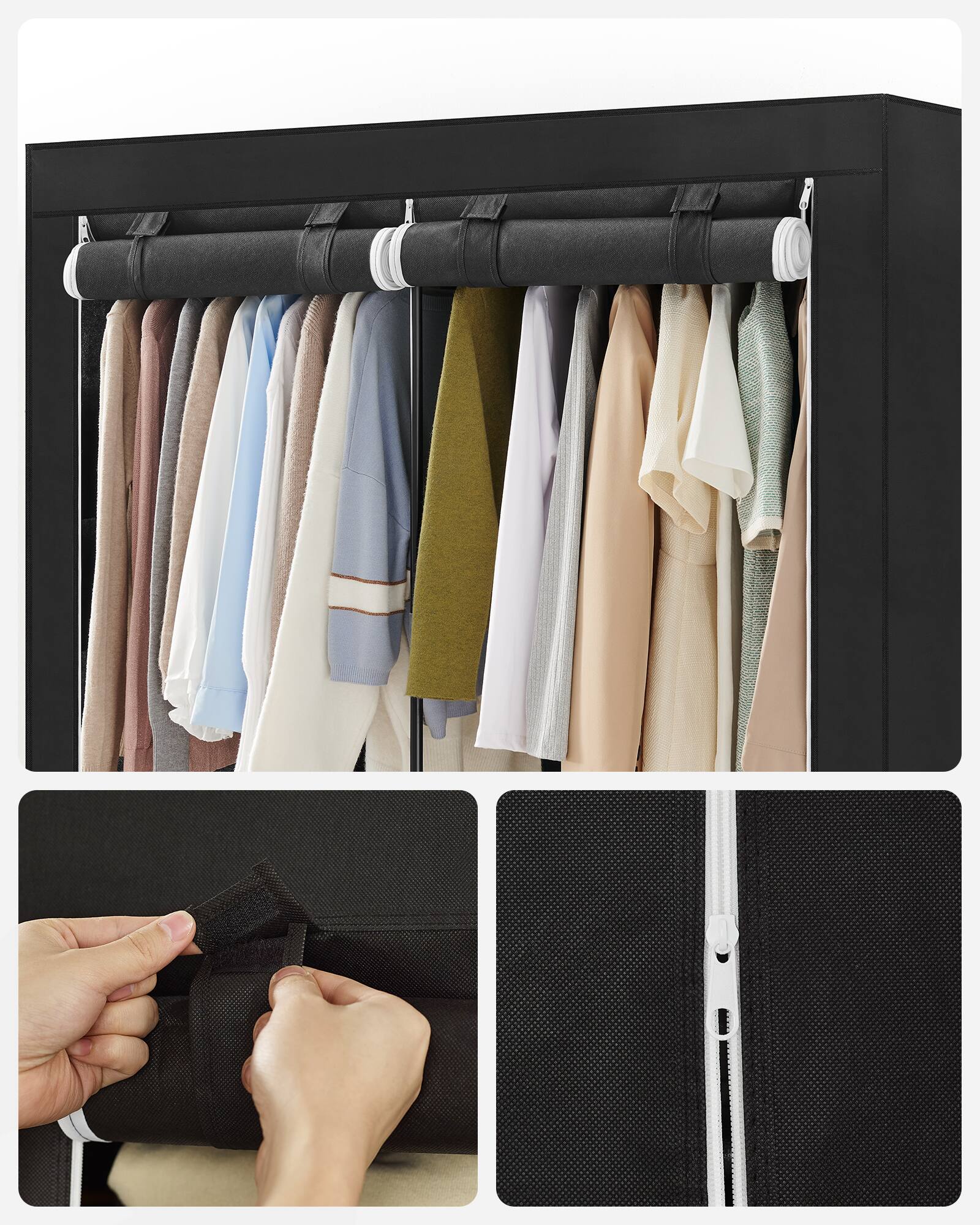 Alt View 5. Songmics Home - Portable Closet, Wardrobe Closet Organizer with Cover, 3 Hanging Rods and Shelves, 4 Side Pockets - Ink Black.