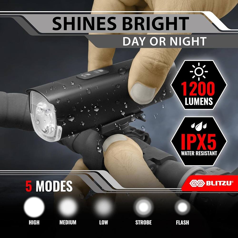 SHINES BRIGHT DAY OR NIGHT

1200 LUMENS

IPX5 WATER RESISTANT

5 MODES

HIGH MEDIUM LOW STROBE FLASH

BLITZU