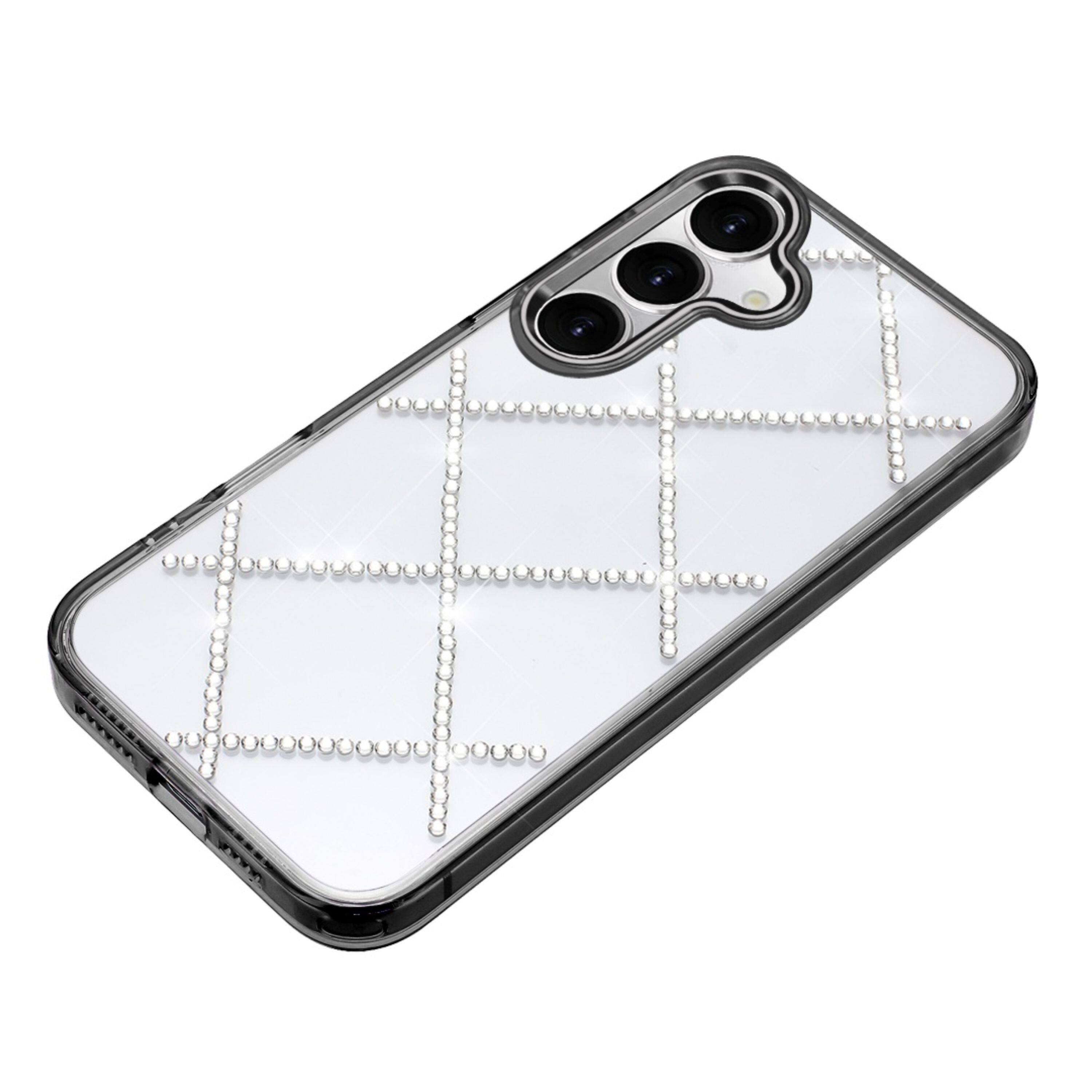 Angle. Kitcheniva - Gem Bling Diamond Pattern Design Phone Case With Tempered Glass For Samsung Galaxy S26 Black - Black.