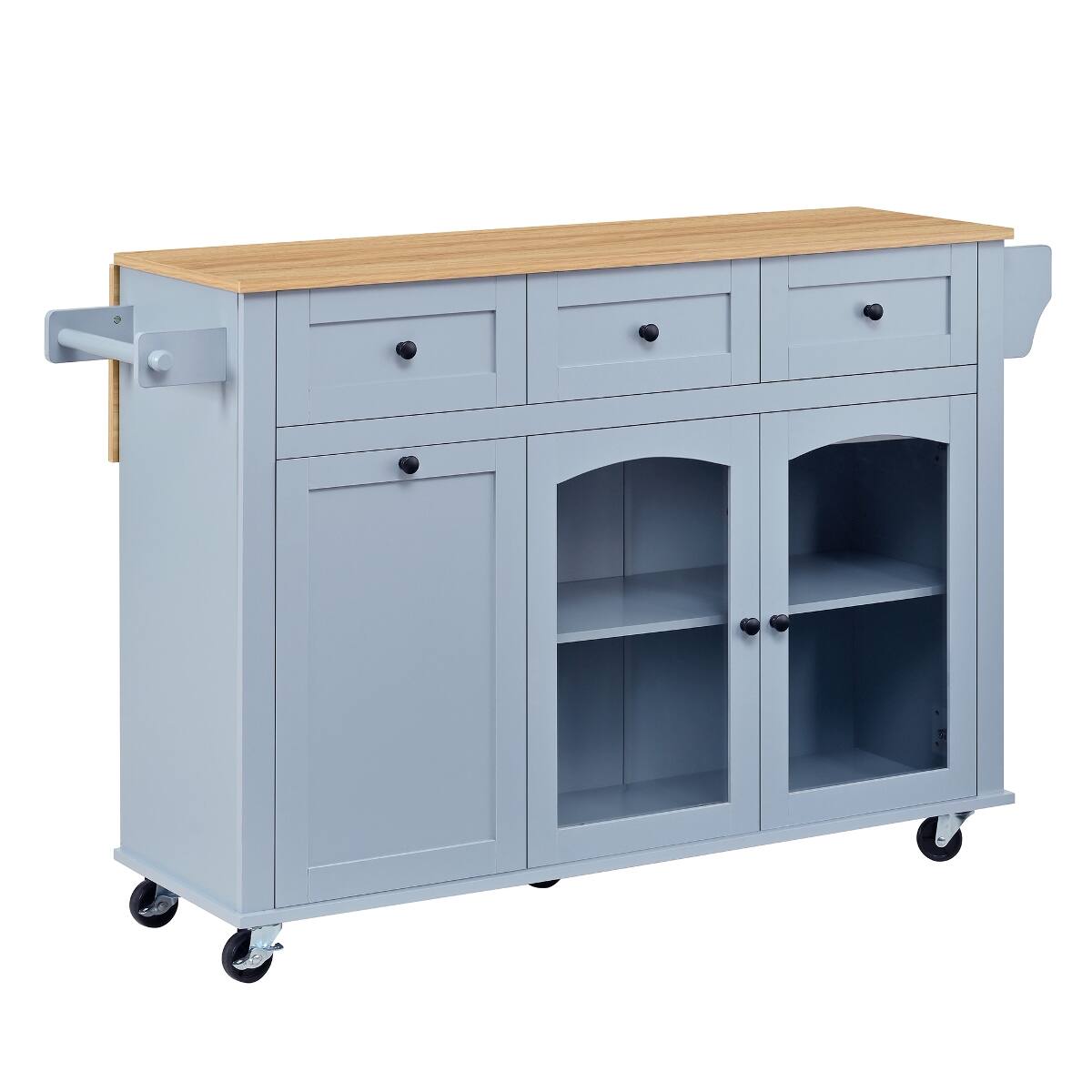 Left. Loheer - Loheer 54.2 inch mobile kitchen island rolling kitchen cart with trash bin cabinet blue gray kitchen prep table - Blue Gray.