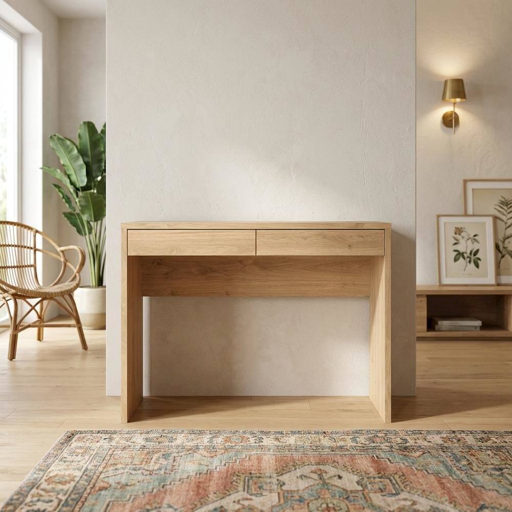 Left. FurniFact - Modern 2-Drawer Computer Desk for Home Office or Study Table - Brown.