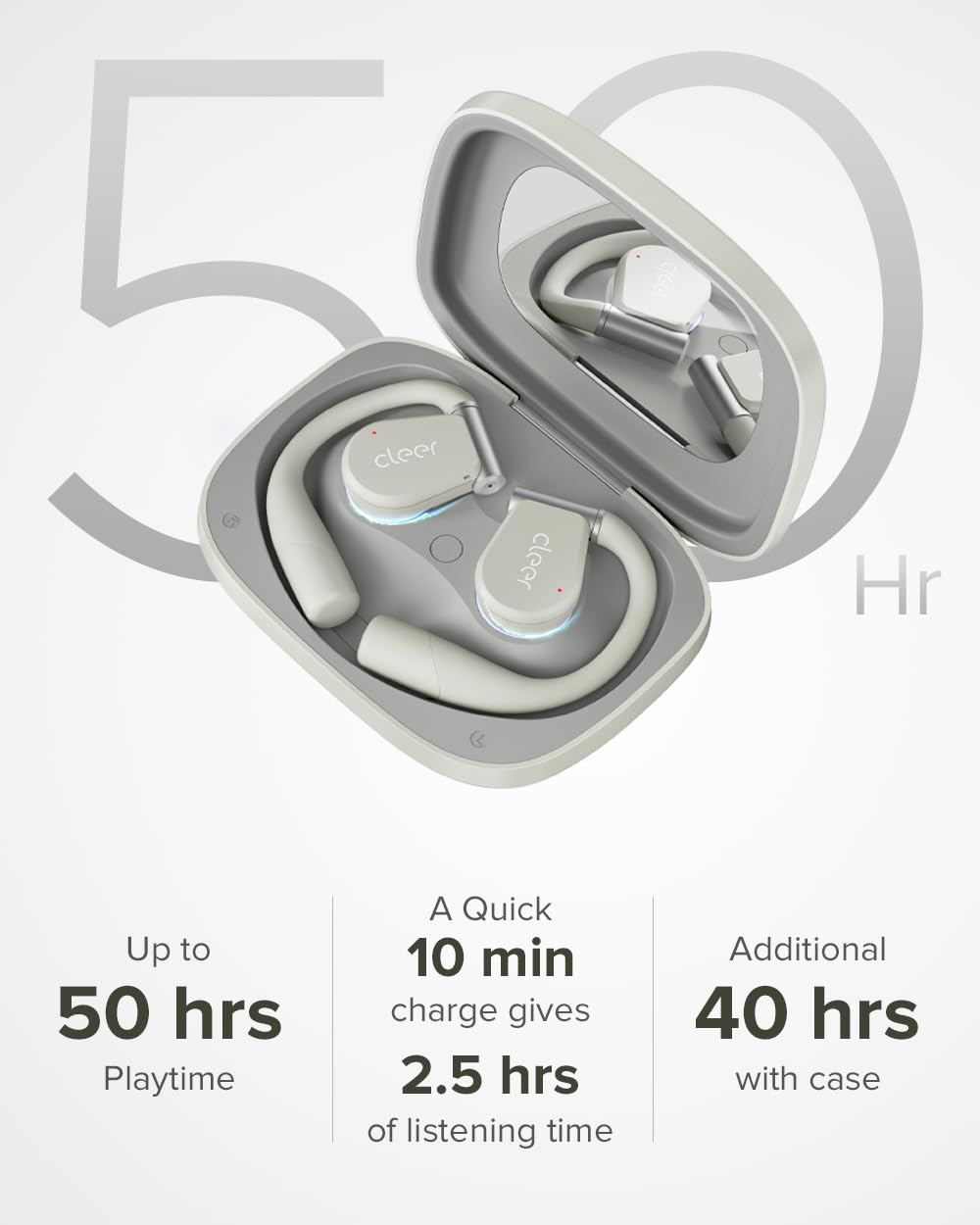 Up to 50 hrs Playtime, A Quick 10 min charge gives 2.5 hrs of listening time, Additional 40 hrs with case