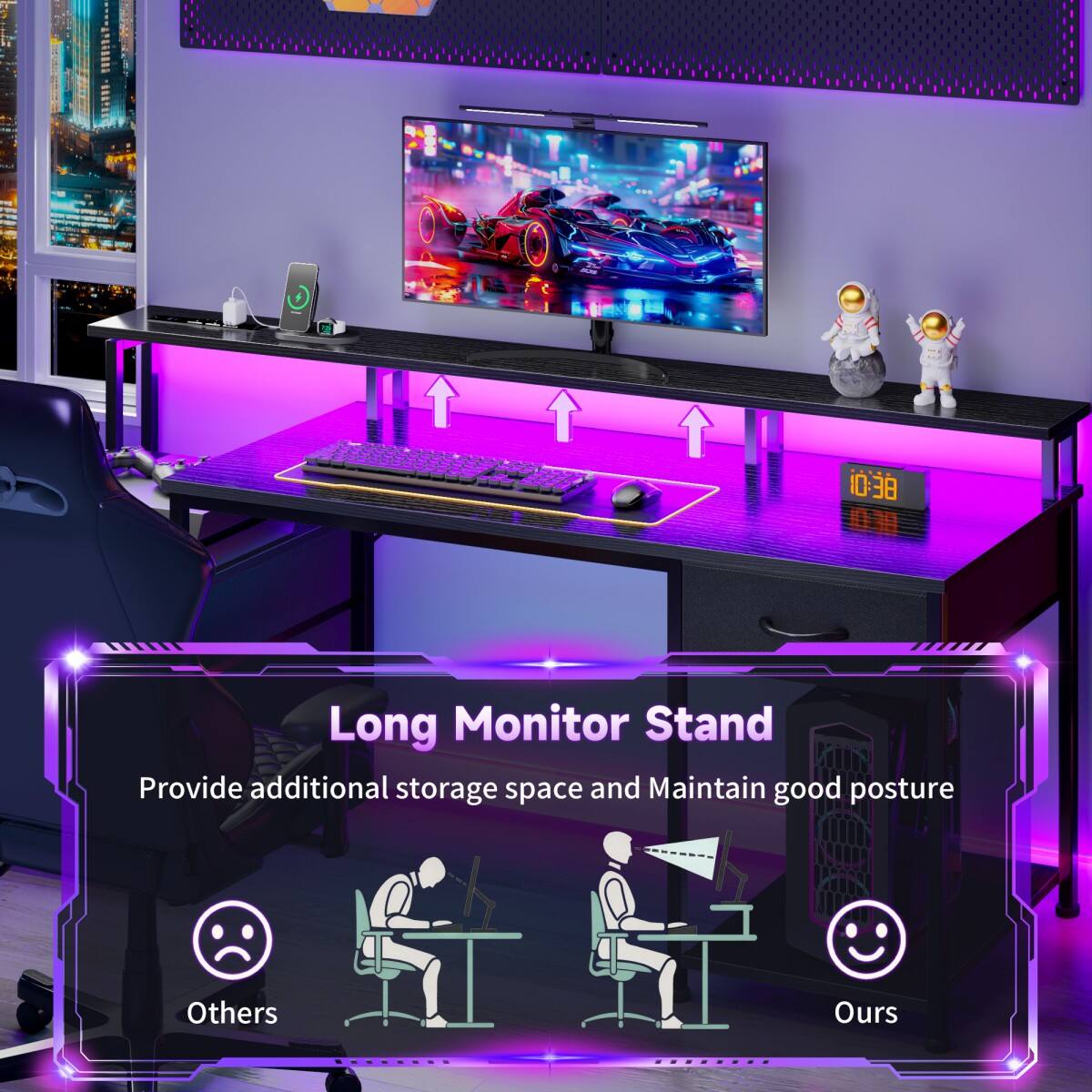 Furnulem Gaming Desk with LED Lights Power Outlets Monitor Stand and ...