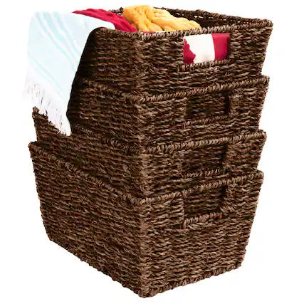 Front. Best Choice Products - Best Choice Products Set of 4 Multipurpose Stackable Seagrass Laundry Organizer Tote Baskets w/ Insert Handles - Brown - Brown.