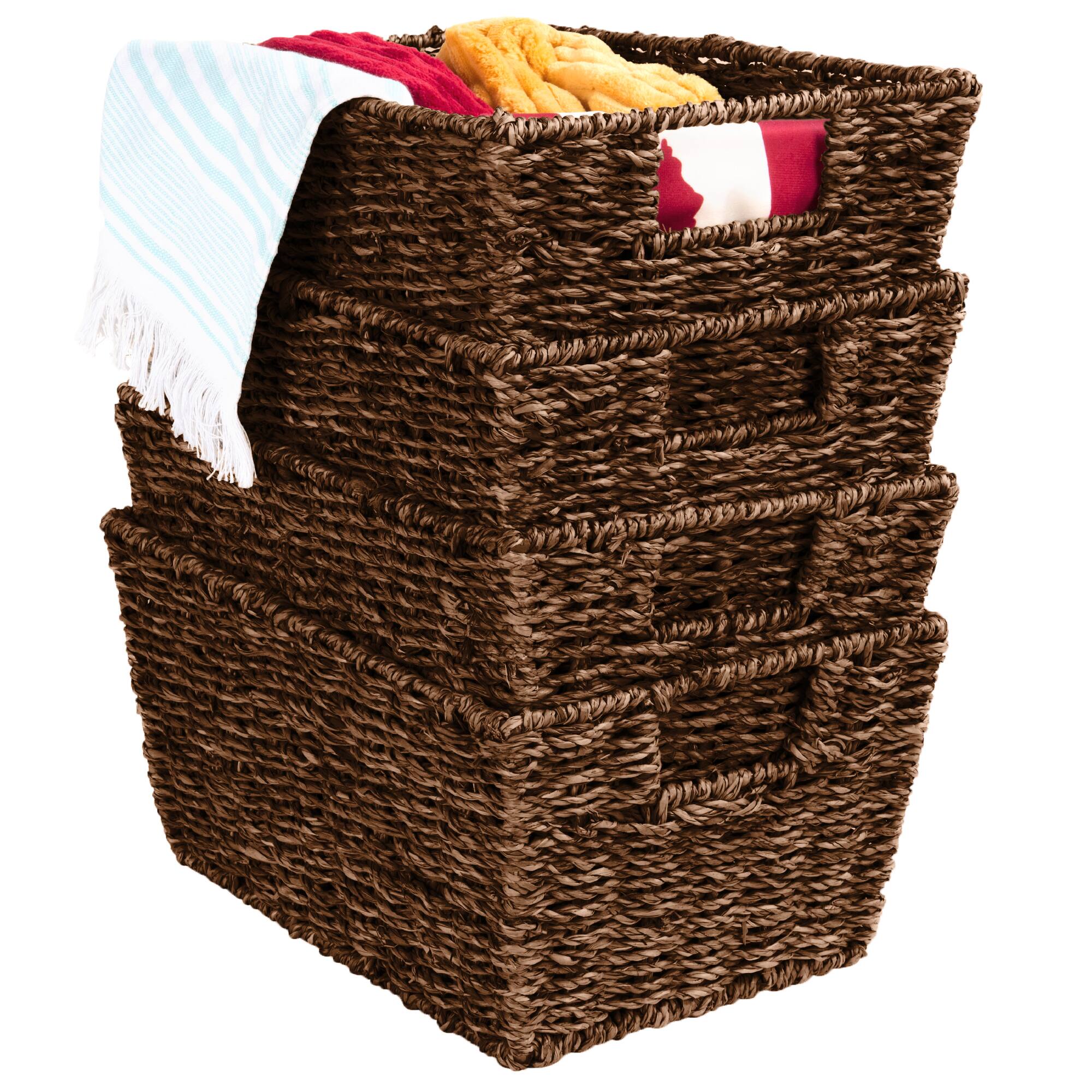 Front. Best Choice Products - Best Choice Products Set of 4 Multipurpose Stackable Seagrass Laundry Organizer Tote Baskets w/ Insert Handles - Brown - Brown.