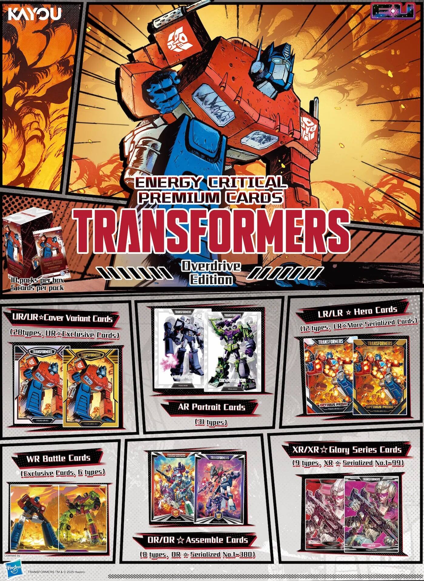 KAYOU EU ENERGY CRITICAL PREMIUM CARDS TRANSFORMERS Overdrive 0000000 box Edition 11 packs per box 5 cards per pack UR/UR Cover Variant Cards (28 types, UR Exclusive Cards) - LR/LR Hero Cards (12 types, LR Serialized Cards) - AR Portrait Cards (3 types) - WR Battle Cards (Exclusive Cards, 6 types) - XR/XR Glory Series Cards (9 types, XR Serialized No.1~99) - OR/OR Assemble Cards (8 types, UR Serialized No.1~380)
