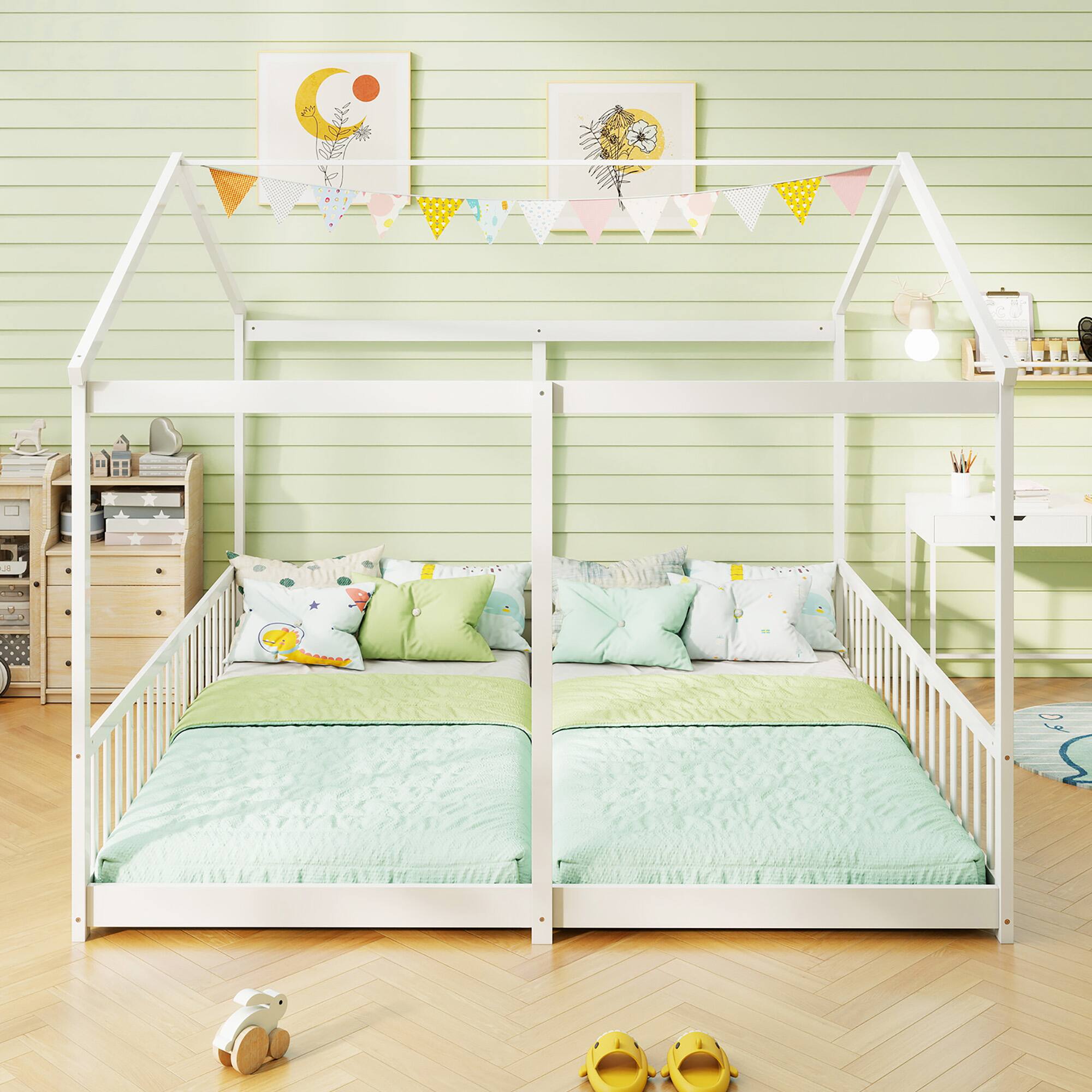 Alt View 5. Gymax - Gymax Double Floor Bed w/ Safety Guardrails No Box Spring Needed for Teens Boys Girls White - White.