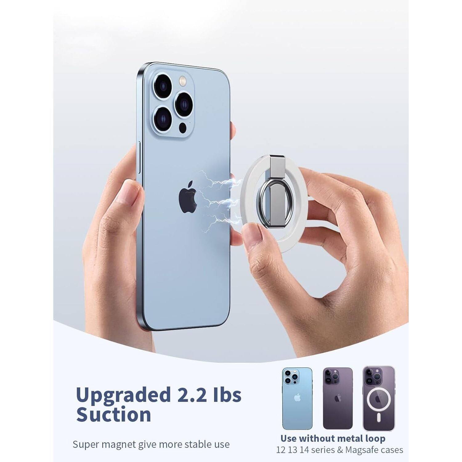 Upgraded 2.2 lbs Suction  
Super magnet give more stable use  
Use without metal loop  
12 13 14 series & Magsafe cases