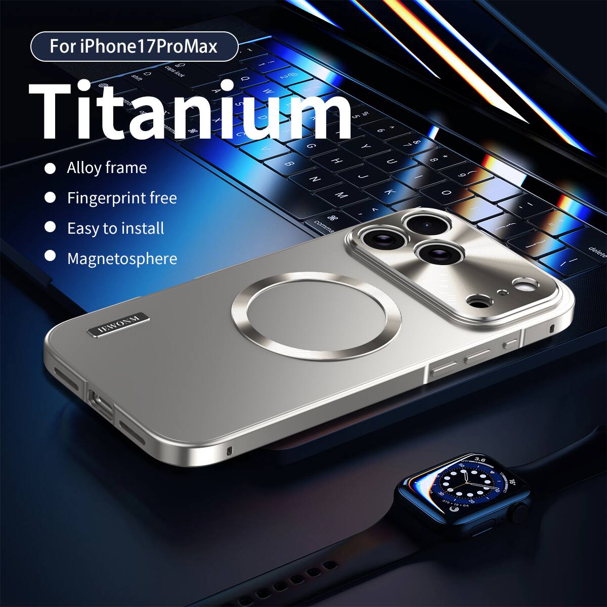 Dteck - Aluminum Metal Frame PC Back Drop Protection Shockproof Mag Safe Case Camera Lens Cover For Apple iPhone 17 Pro Max - Titanium
