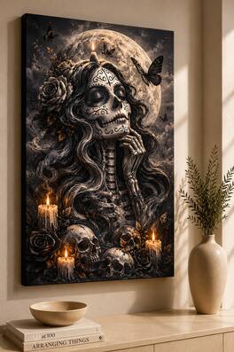 FC Design - Large Sugar Skull Woman Wall Art Canvas Print 24x36" Moonlit Spirit Fantasy Butterfly Painting for Home Decor - MultiColor