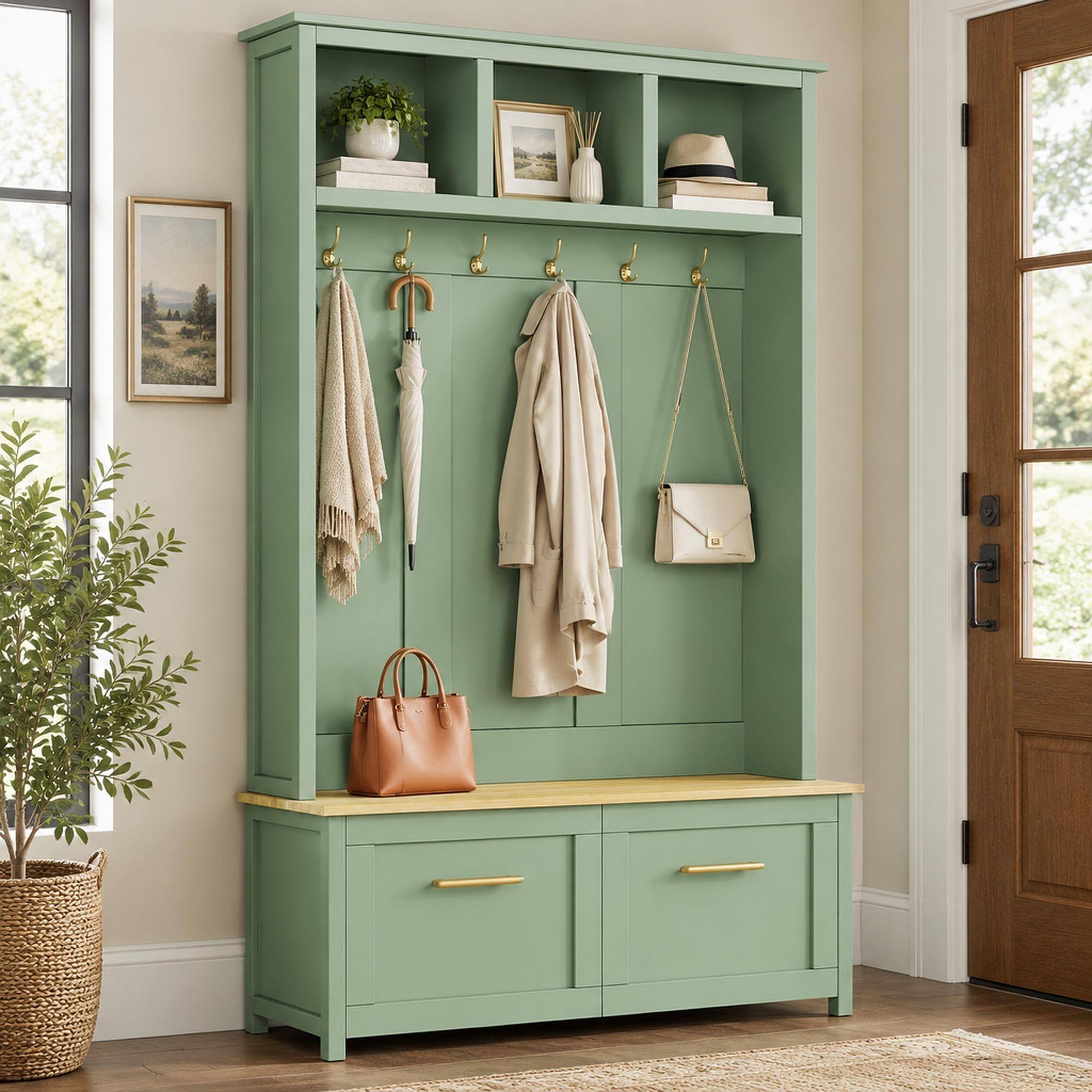 Front. RYHNUYNE - 4-in-1 Hall Tree, Entryway Coat Rack, Mint Green Storage Bench, 47.2 in Wide, 6 Golden Hooks, 2 Drawers, 76.6 in High - Mint Green.