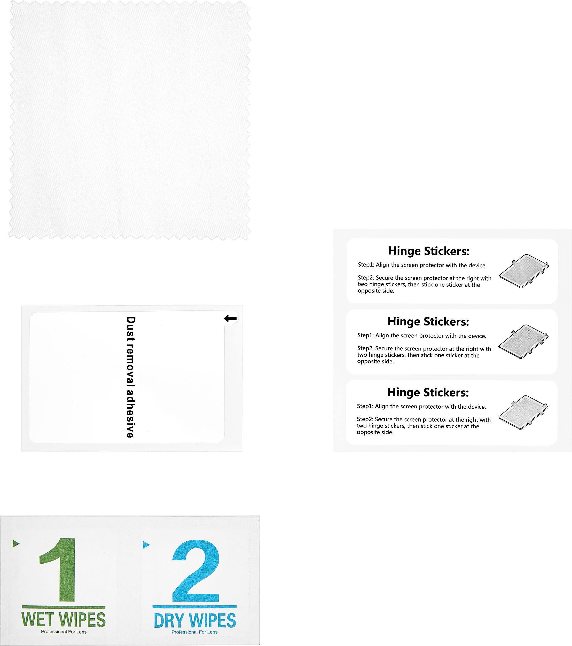 Hinge Stickers:  
Step 1: Align the screen protector with the device.  
Step 2: Secure the screen protector at the right with two hinge stickers, then stick one sticker at the opposite side.  

Dust removal adhesive  

1 WET WIPES Professional For Lens  
2 DRY WIPES Professional For Lens