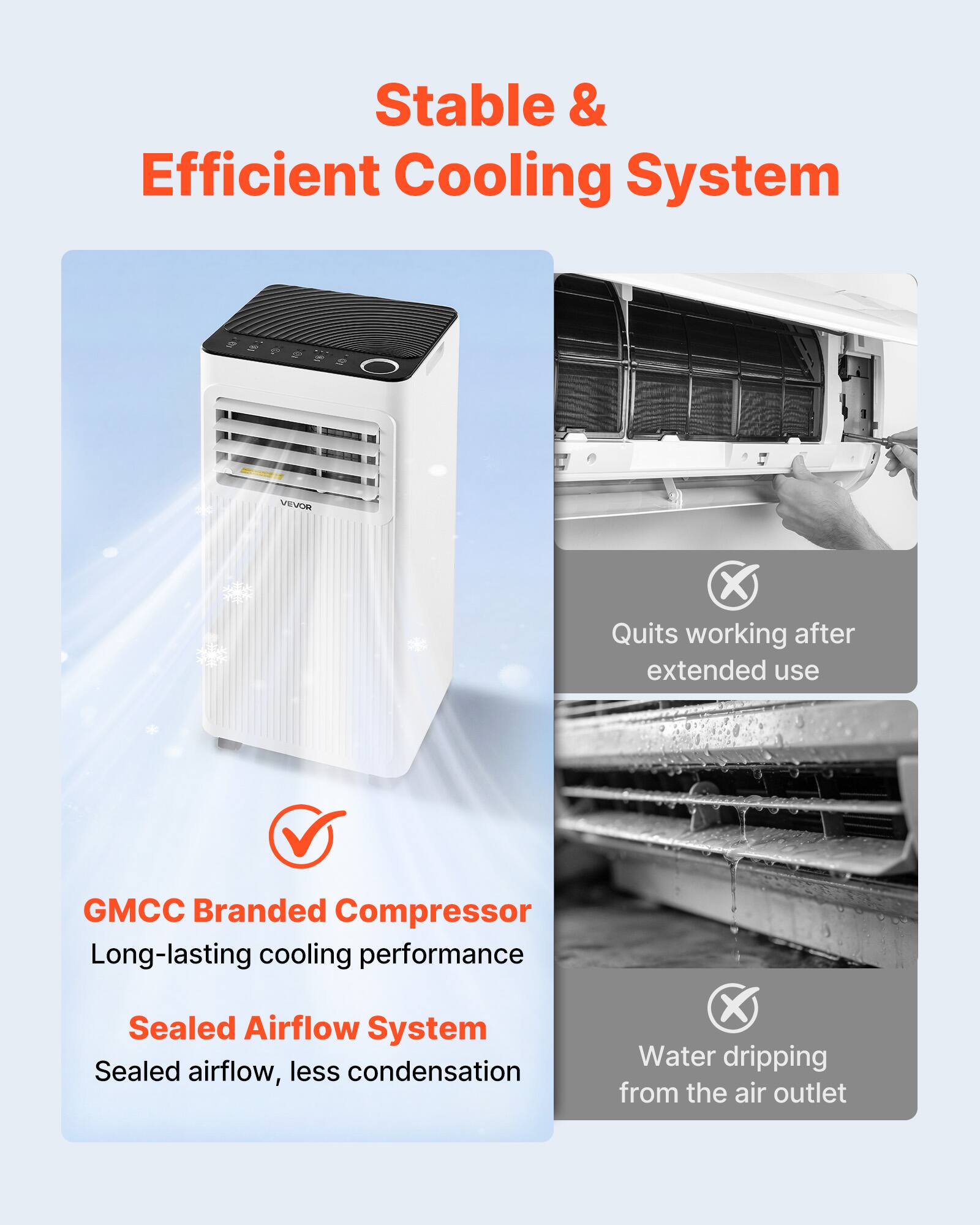 Stable & Efficient Cooling System

VEVOR

- Quits working after extended use
- GMCC Branded Compressor: Long-lasting cooling performance
- Sealed Airflow System: Sealed airflow, less condensation
- Water dripping from the air outlet