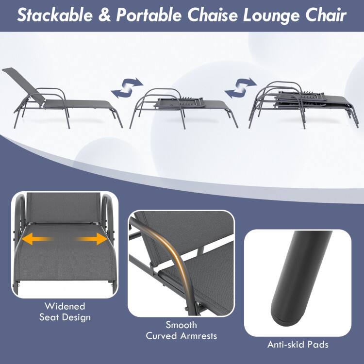 Stackable & Portable Chaise Lounge Chair

- Widened Seat Design
- Smooth Curved Armrests
- Anti-skid Pads