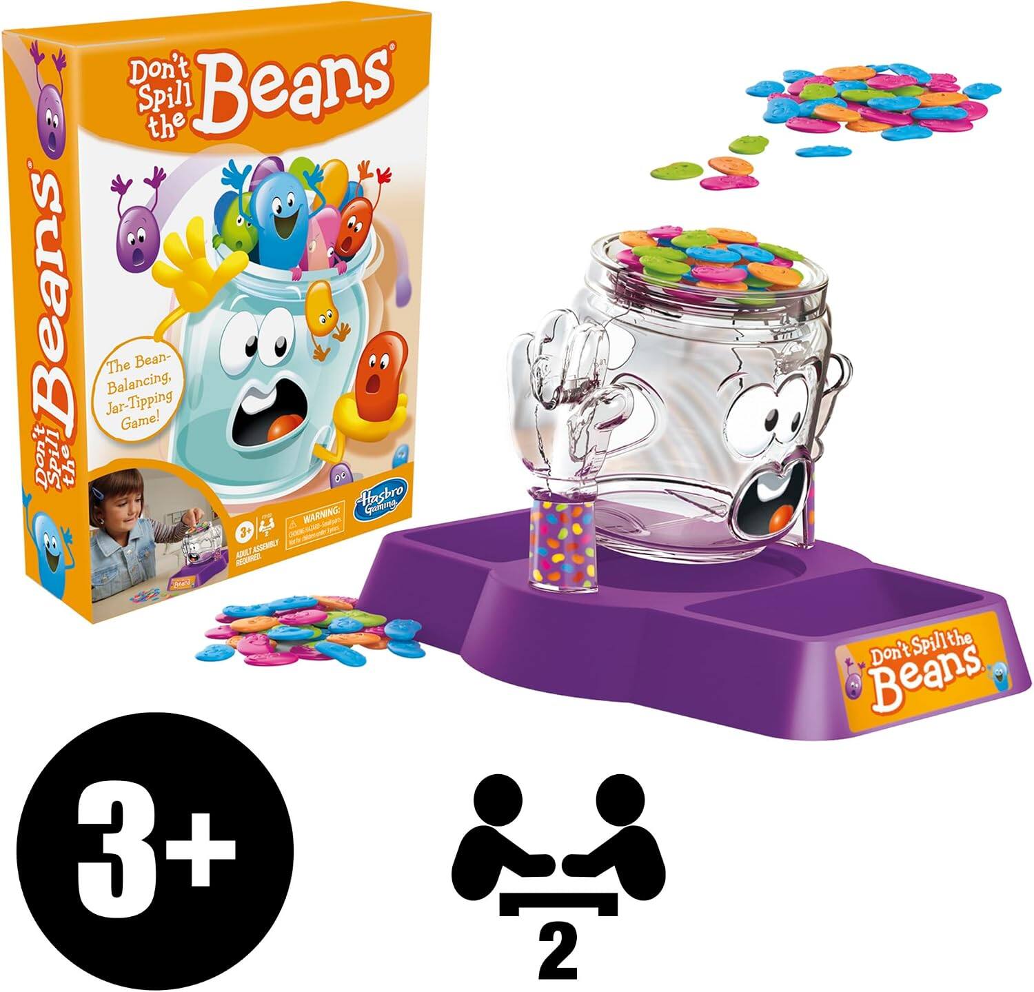 Don't Spill the Beans: The Balancing, Bean-Jar-Tipping Game!  
Don't Spill the Beans  
Hasbro Gramina  
WARNING: ASSEMBLY ADULT REQUIRED.  
3+  
2