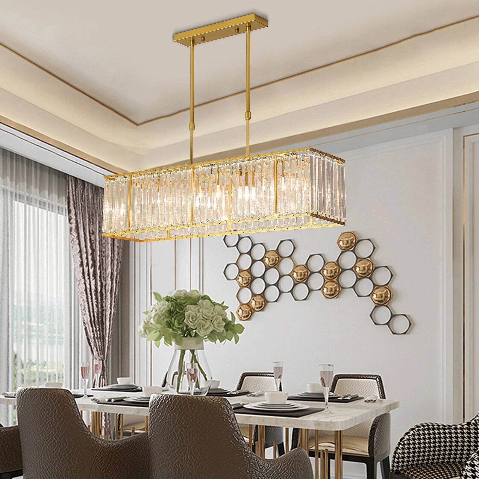 Angle. Home Collection - Modern Gold Crystal Rectangular Chandelier LED Ceiling Pendant Light Fixture.
