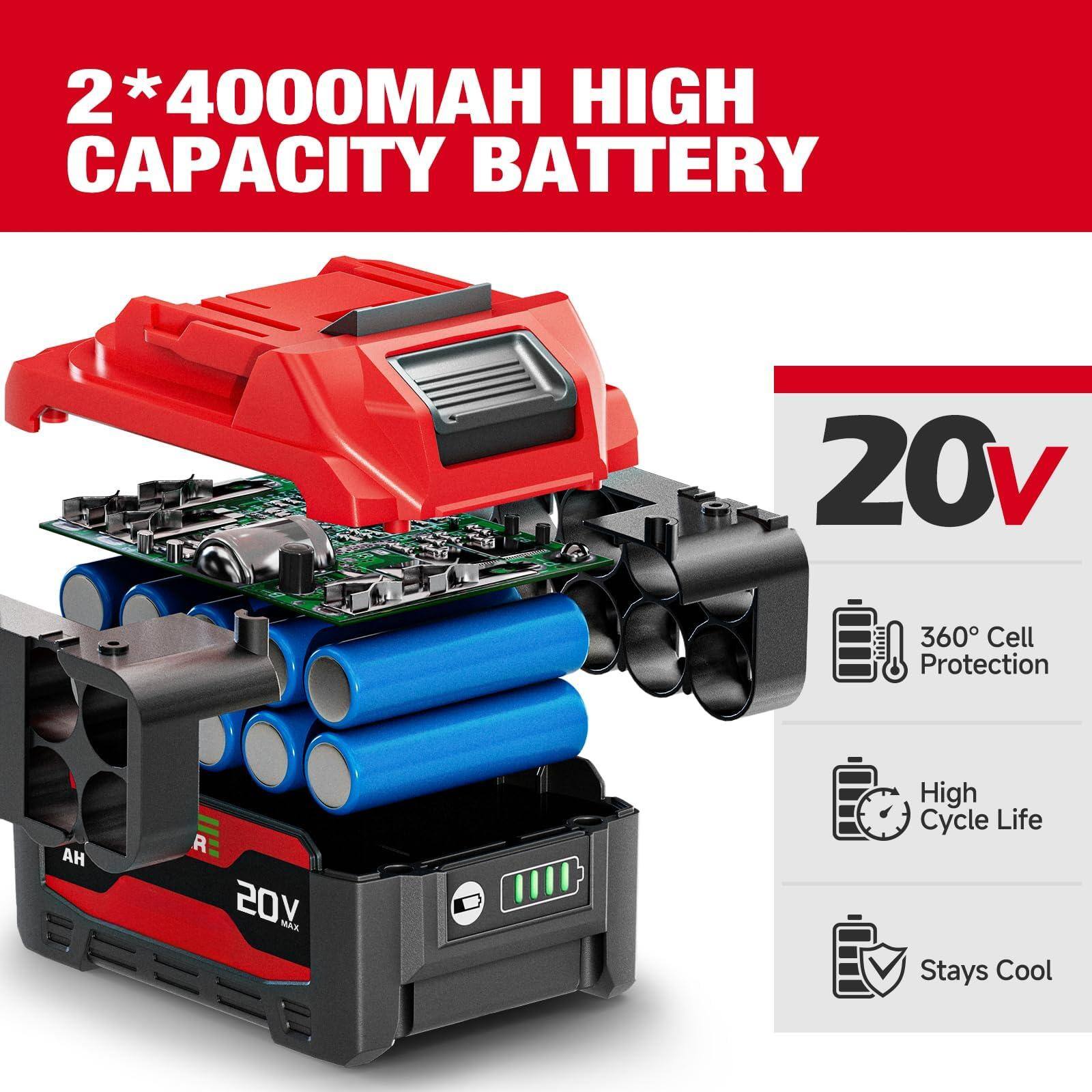 2 * 40000MAH HIGH CAPACITY BATTERY

20V

360° Cell Protection

High Cycle Life

Stays Cool