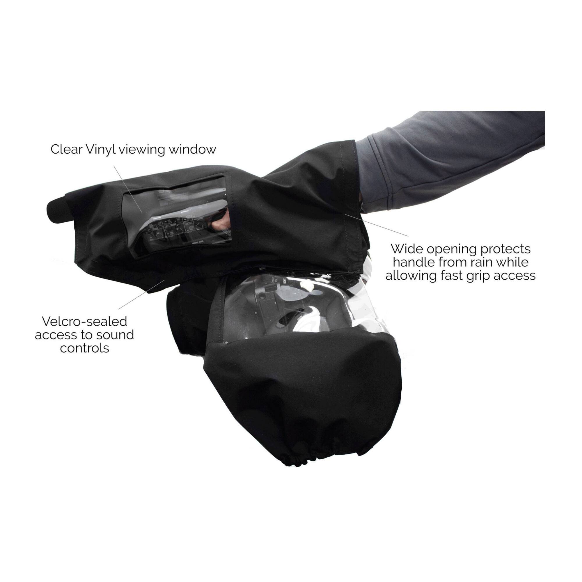 Clear Vinyl viewing window  
Wide opening protects handle from rain while allowing fast grip access  
Velcro-sealed access to sound controls