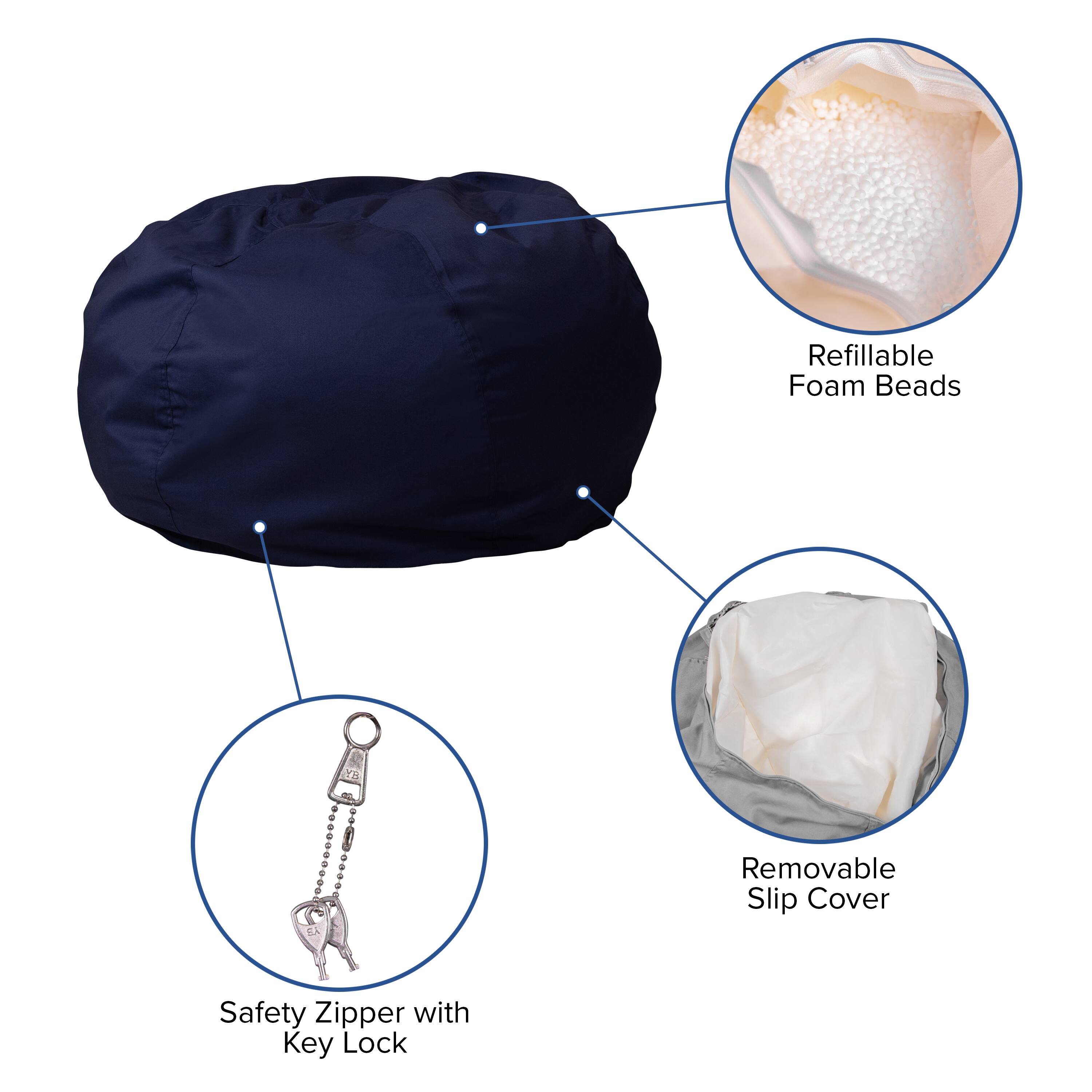 Refillable Foam Beads  
Removable Slip Cover  
Safety Zipper with Key Lock