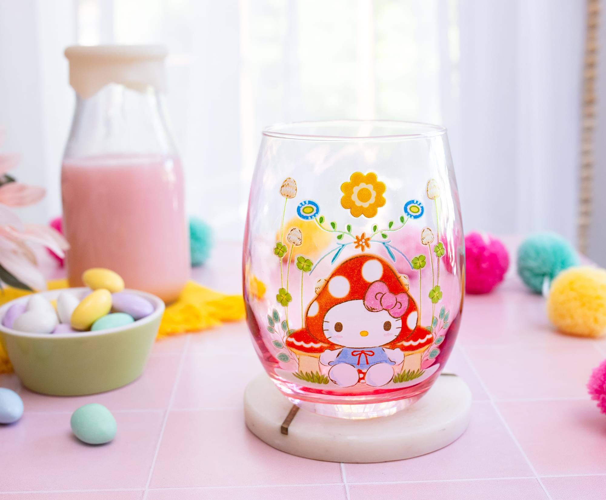 Alt View 2. Silver Buffalo - Sanrio Hello Kitty Mushroom Art Stemless Wine Glass | Holds 20 Ounces - Clear.