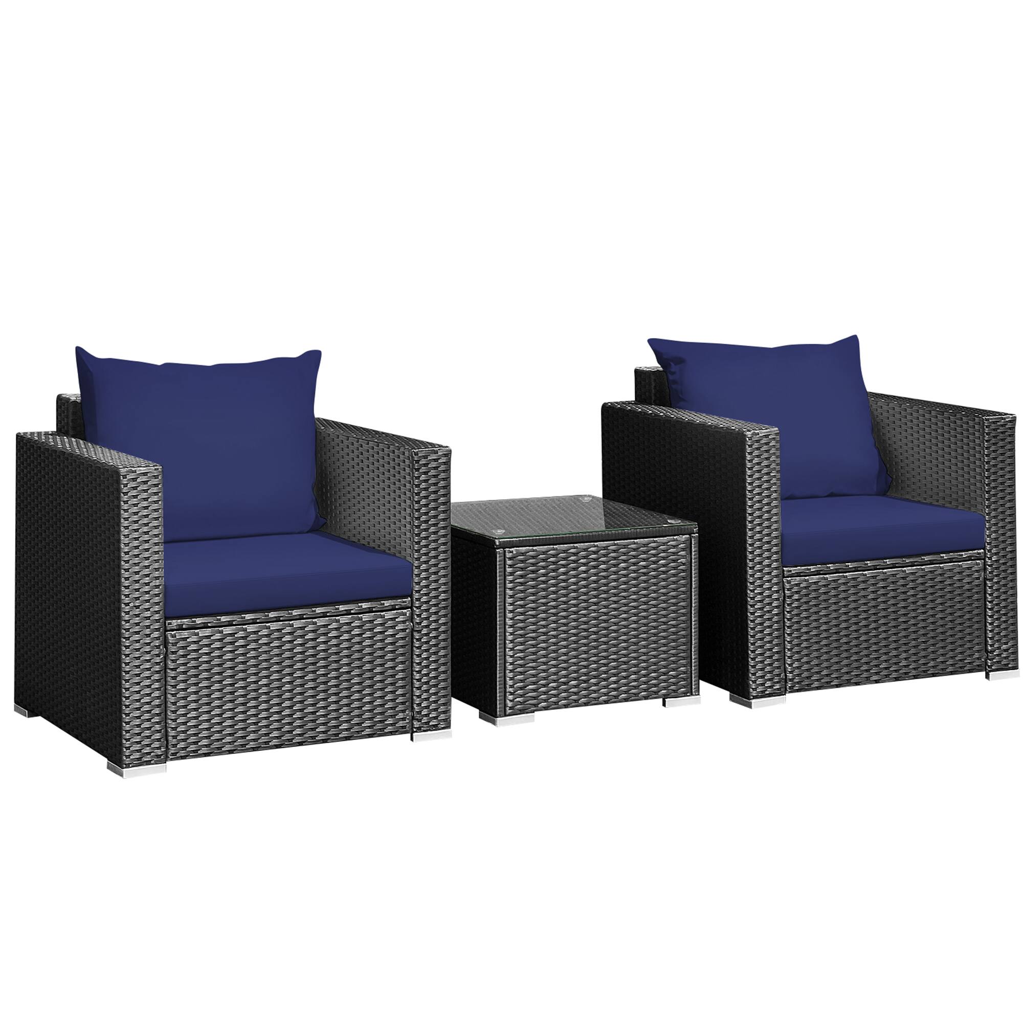 Alt View 1. Gymax - Gymax 3PCS Rattan Patio Conversation Furniture Set Outdoor w/ Navy Cushions - Black.