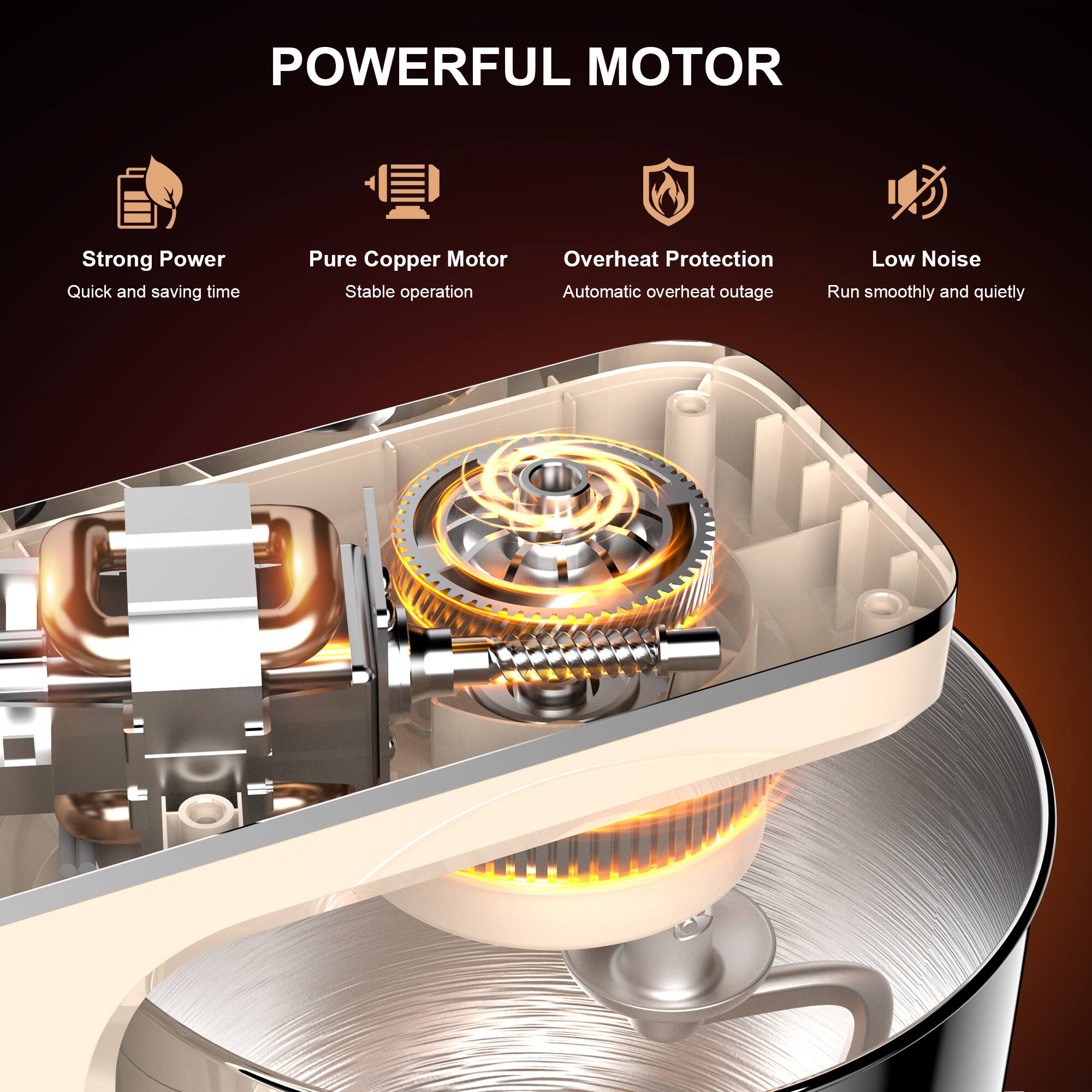 POWERFUL MOTOR

- Strong Power
  - Quick and saving time

- Pure Copper Motor
  - Stable operation

- Overheat Protection
  - Automatic overheat outage

- Low Noise
  - Run smoothly and quietly