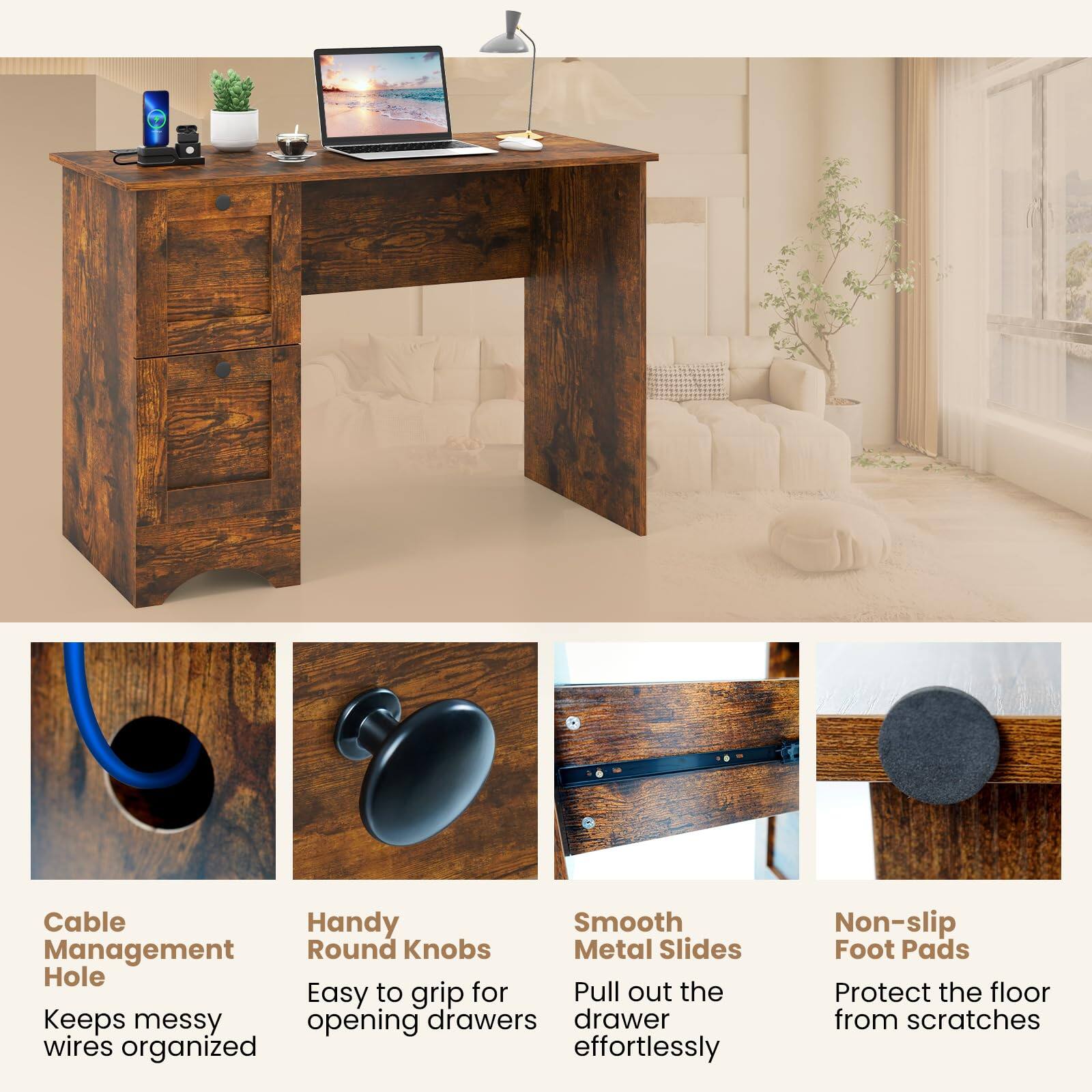 - Cable Management Hole: Keeps messy wires organized
- Handy Round Knobs: Easy to grip for opening drawers
- Smooth Metal Slides: Pull out the drawer effortlessly
- Non-slip Foot Pads: Protect the floor from scratches