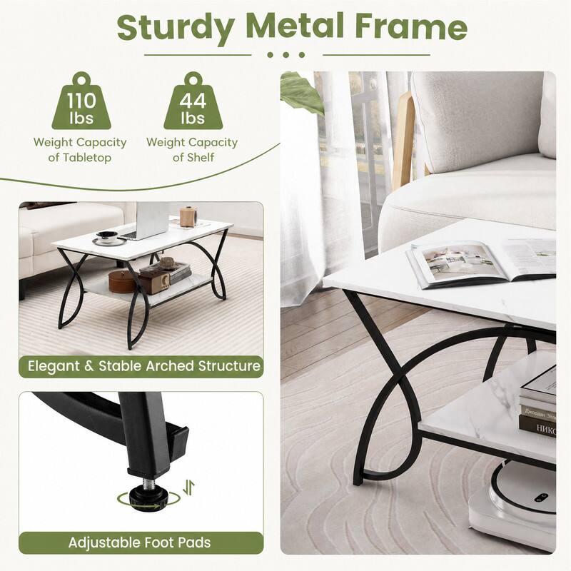 Sturdy Metal Frame

110 lbs Weight Capacity of Tabletop
44 lbs Weight Capacity of Shelf

Elegant & Stable Arched Structure

Adjustable Foot Pads