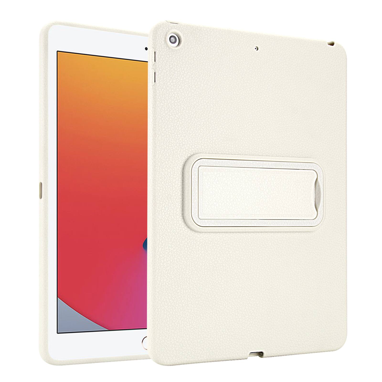 Back. Dteck - Shockproof Case for Apple iPad (9th Generation) 10.2" 2021, Slim Leather Texture Protective Cover with Folding Kickstand - White.