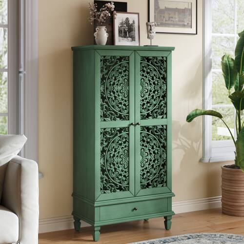 Left. LUCKY ONE - 55in Freestanding Tall Storage Cabinet with Drawer Carved Doors Solid Wood Legs for Living Room Hallway - Antique Green.