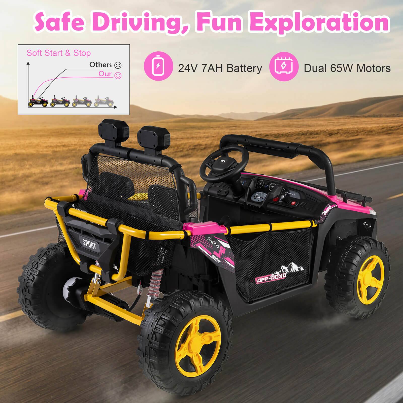 Safe Driving, Fun Exploration

Soft Start & Stop  
24V 7AH Battery  
Dual 65W Motors
