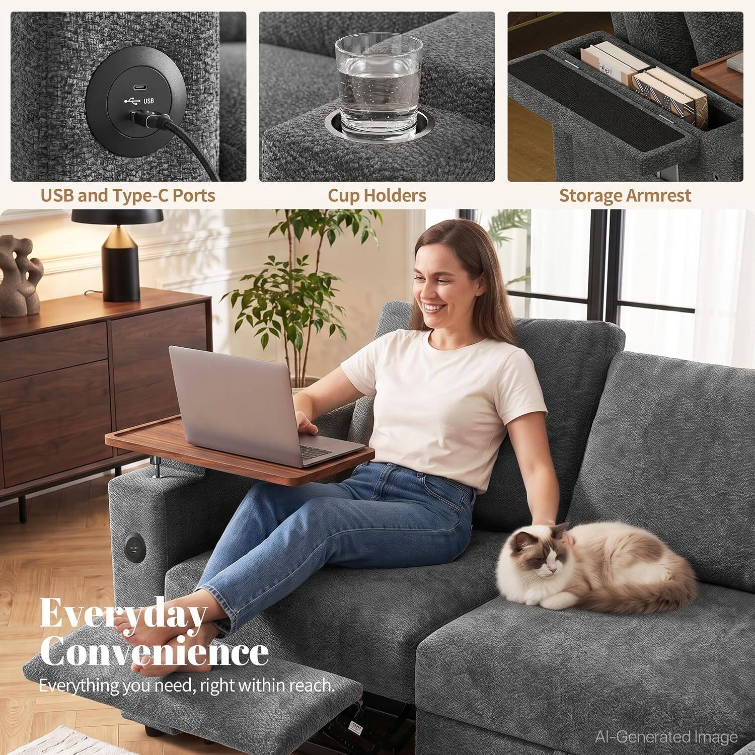 USB and Type-C Ports  
Cup Holders  
Storage Armrest  
Everyday Convenience  
Everything you need, right within reach.  
AI-Generated Image