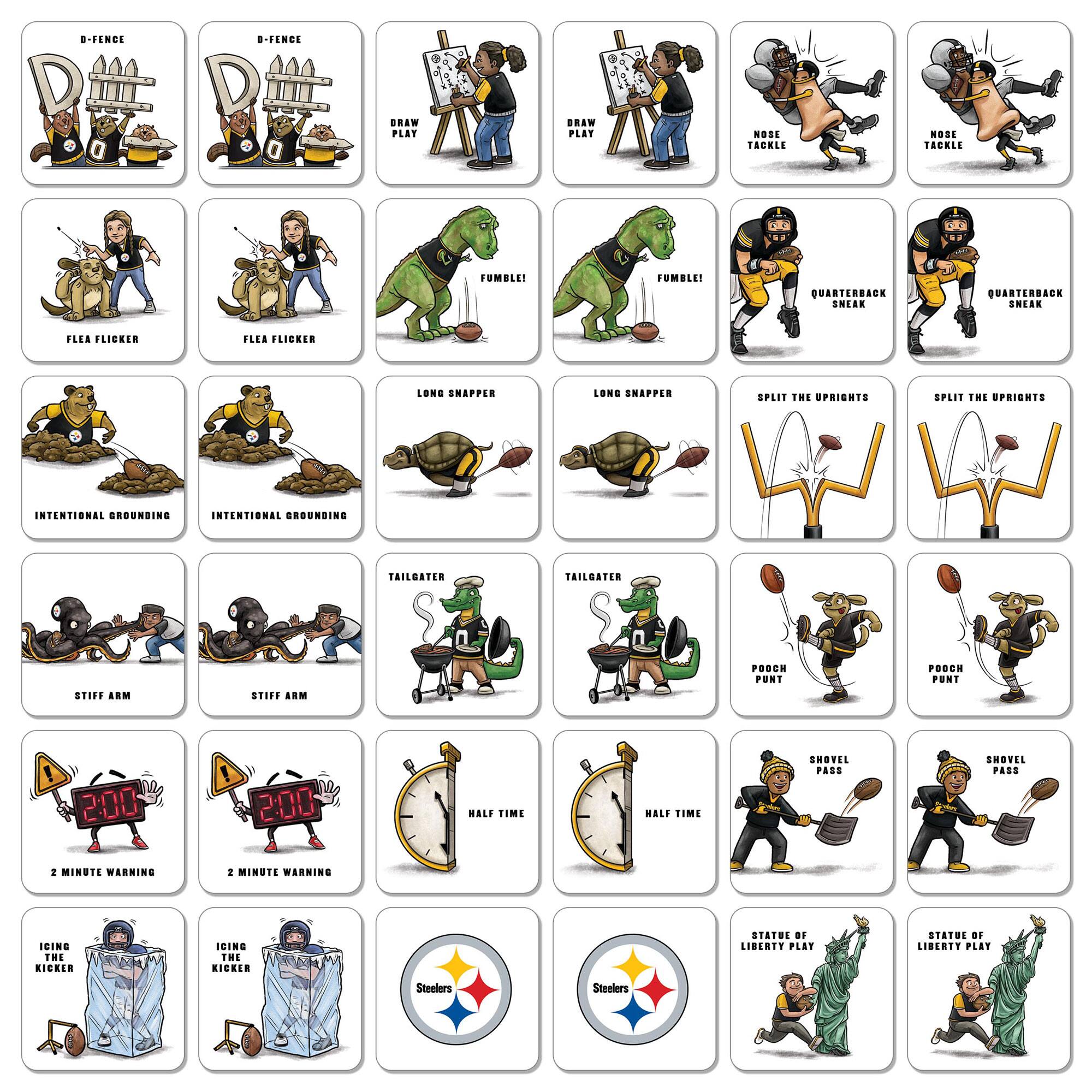- D-FENCE
- DRAW PLAY
- NOSE TACKLE
- FUMBLE!
- INTENTIONAL GROUNDING
- LONG SNAPPER
- SPLIT THE UPRIGHTS
- STIFF ARM
- 2 MINUTE WARNING
- HALF TIME
- ICING THE KICKER
- POACH PUNT
- SHOVEL PASS
- TAILGATER
- STATUE OF LIBERTY PLAY
- Steelers