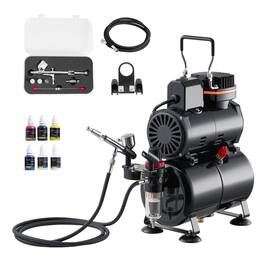 VEVOR - Airbrush Kit, 1/6 HP, Air Brush Kit with Air Compressor and Tank, 1 Dual-Action Professional Airbrush with 3 Tips - Black
