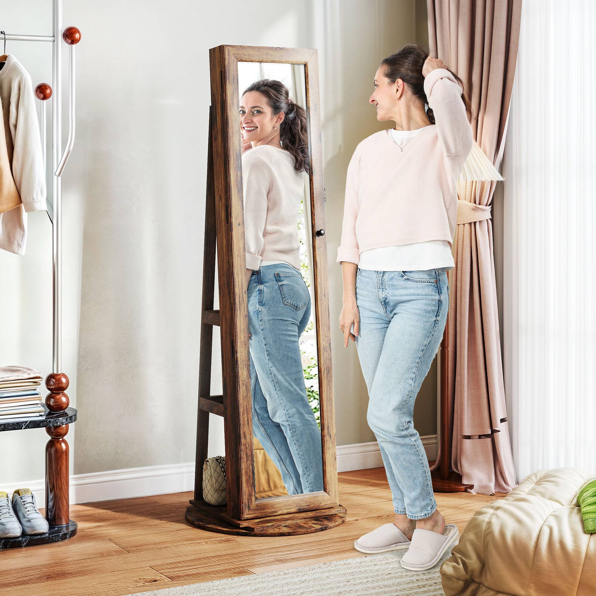 Alt View 8. Homcom - 360° Swivel Jewelry Cabinet: Full Mirror+Back Shelves Armoire - Rustic Brown.