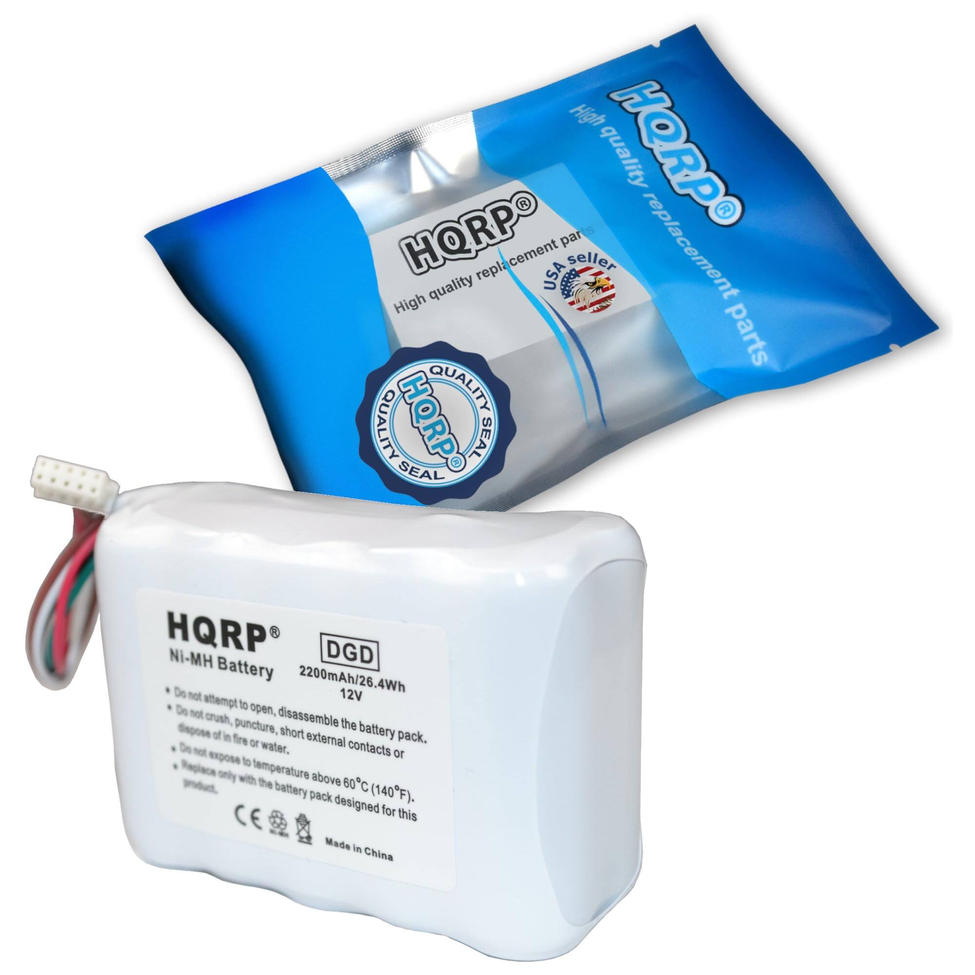 High quality replacement parts  
HQRP  
USA seller  

HQRP  
High quality replacement parts  

HQRP  
QUALITY SEAL  

Ni-MH Battery  
2200mAh/26.4Wh  
12V  

Do not attempt to open, disassemble the battery pack.  
Do not crush, puncture, short external contacts or dispose of in fire or water.  
Do not expose to temperature above 60°C (140°F).  
Replace only with the battery pack designed for this product.  

CE  
Made in China