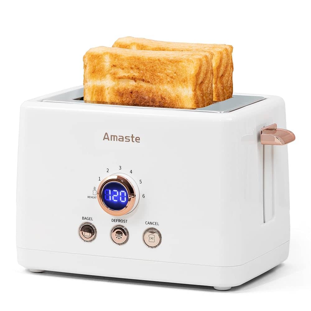 Amaste - 2 Slice Toaster, Retro Bread Toaster with LED Display - White