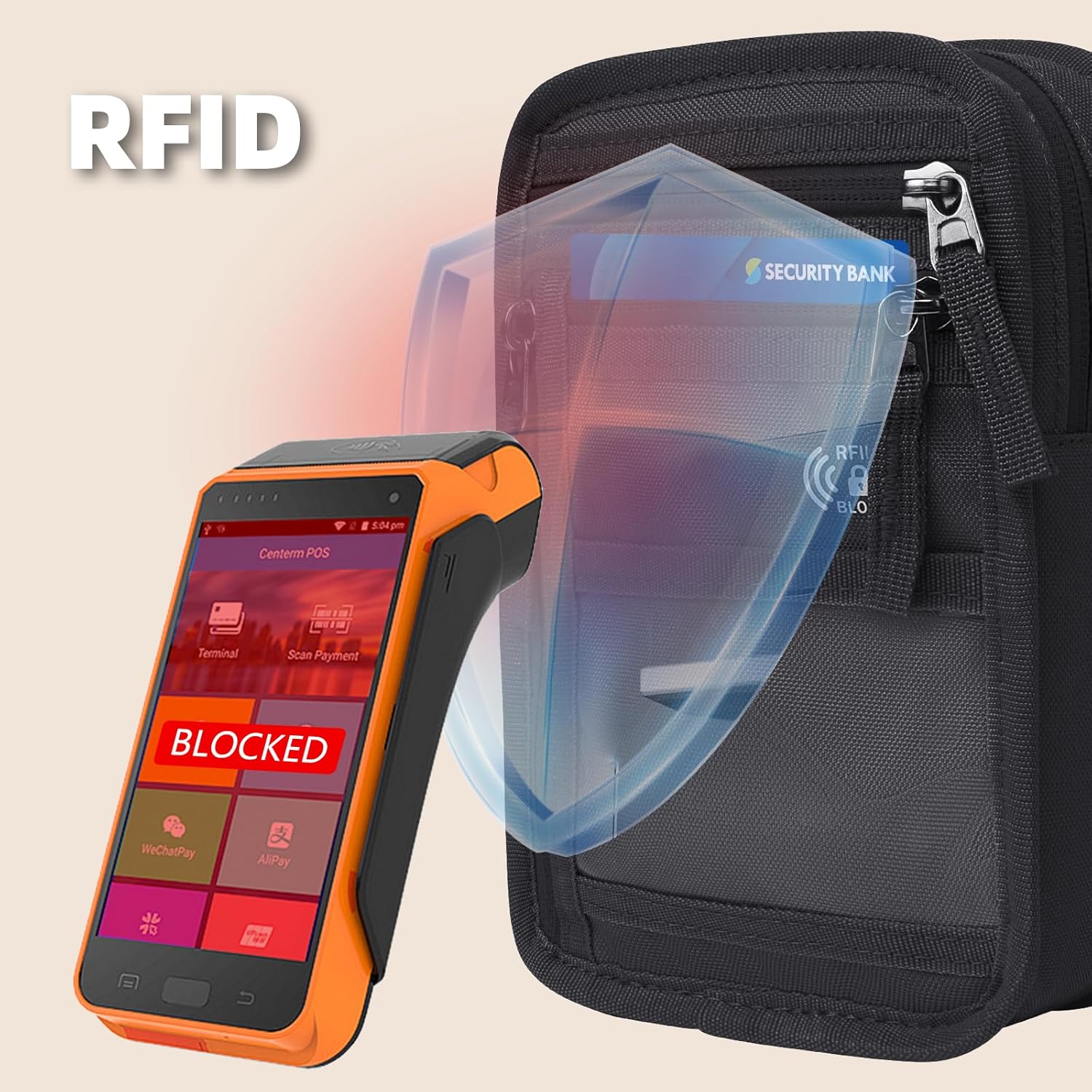 RFID SECURITY BANK

RFID BLOCK

5:04 pm

Centerm POS

Terminal Scan Payment

BLOCKED

WeChat Pay

Alipay