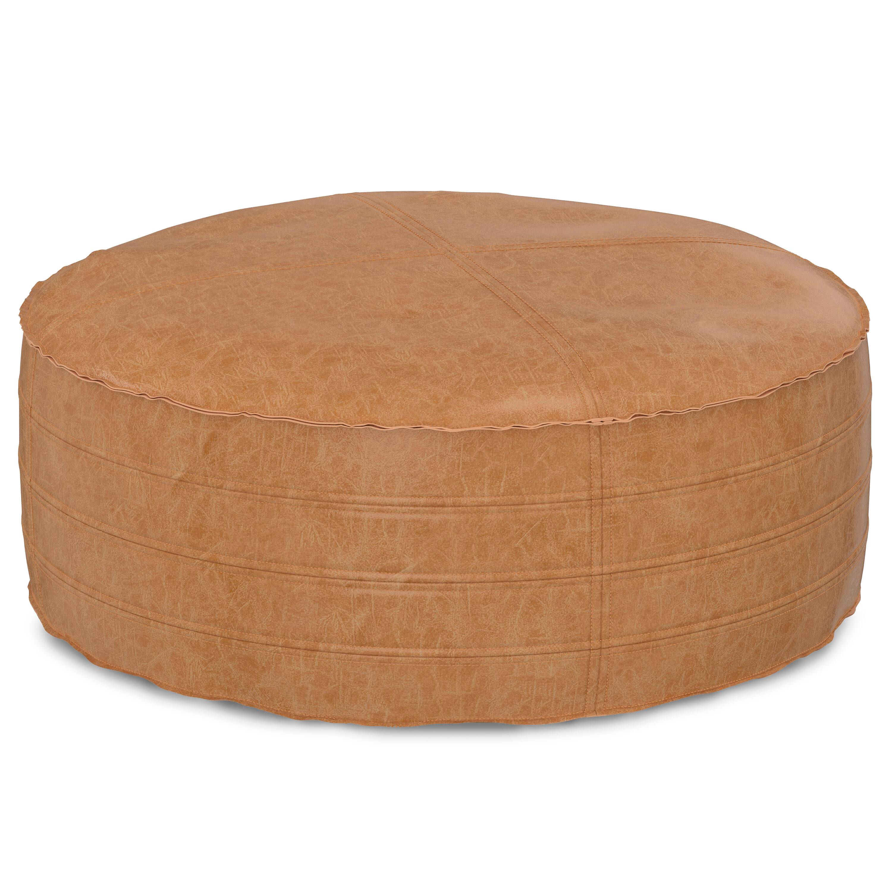 Angle. Simpli Home - Brody 32 inch Round Coffee Table Pouf - Distressed Brown.
